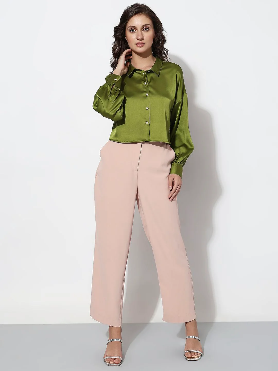 Green Satin Cropped Shirt - Image 5