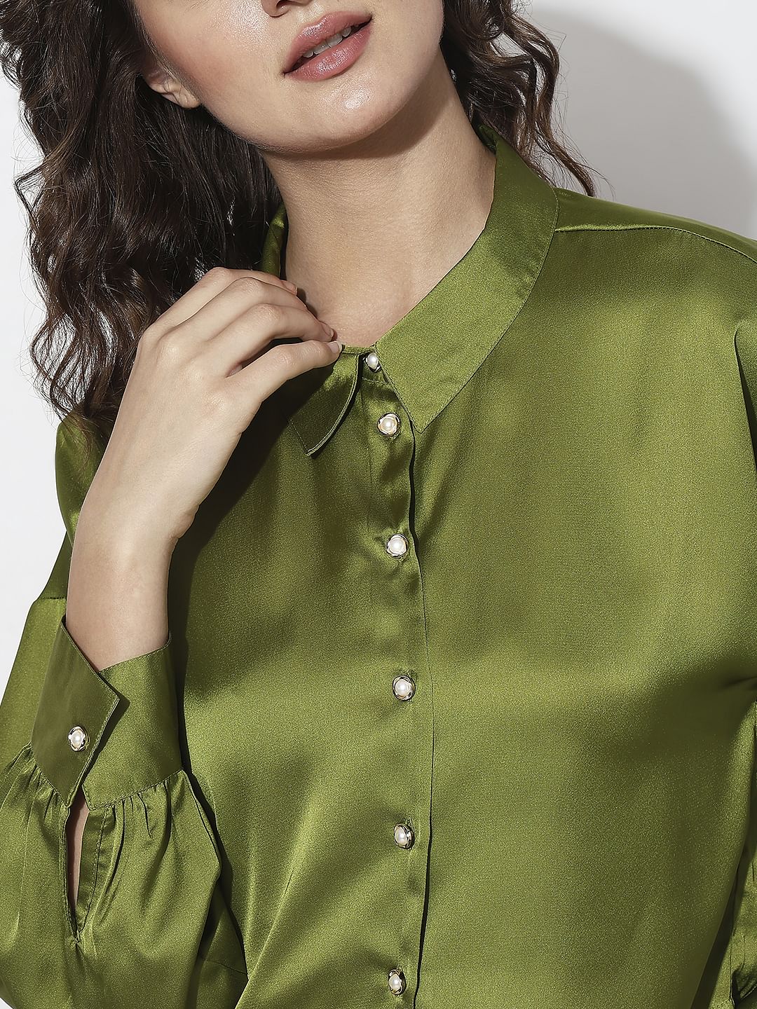Green Satin Cropped Shirt - Image 6