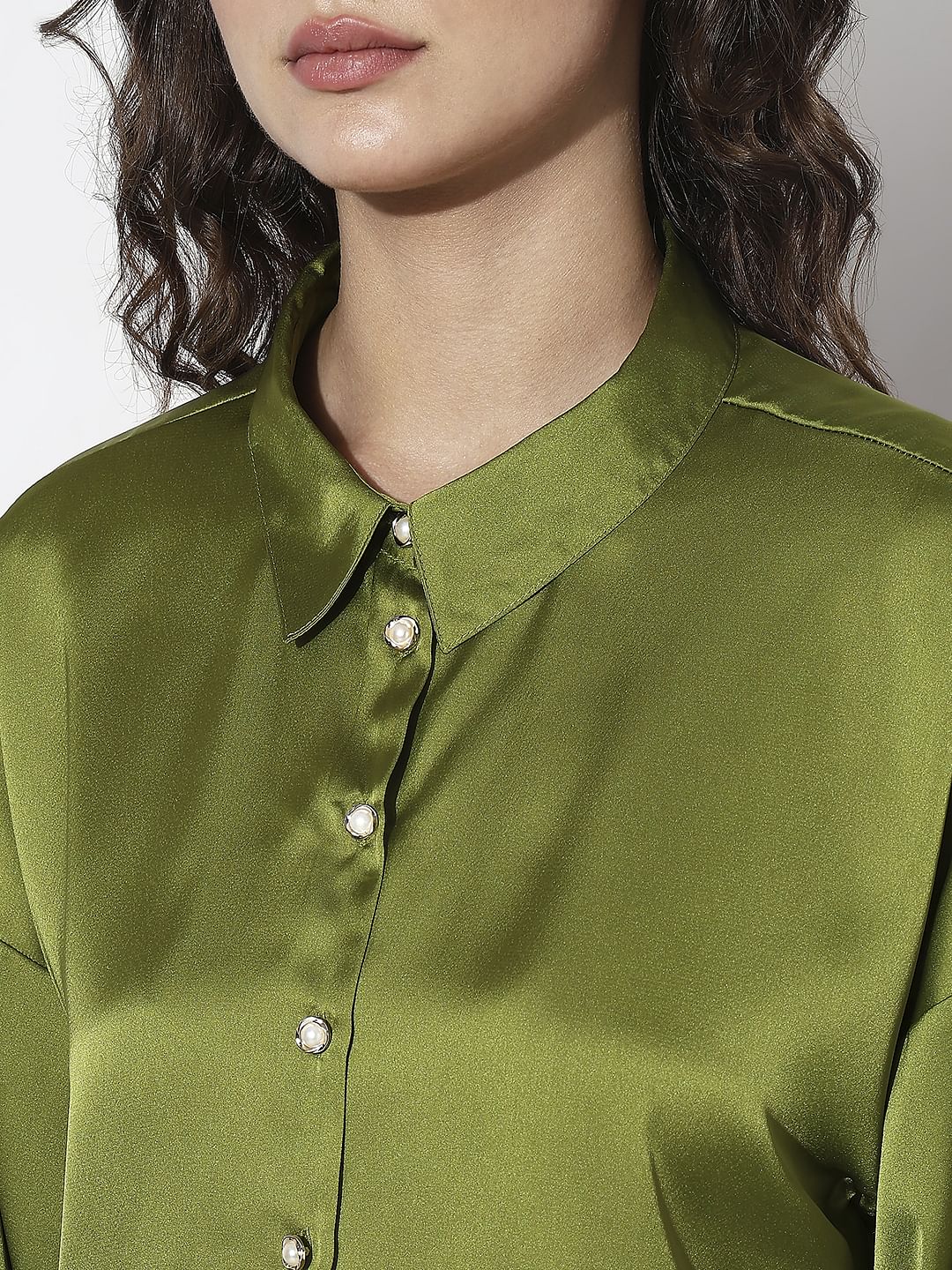 Green Satin Cropped Shirt - Image 8
