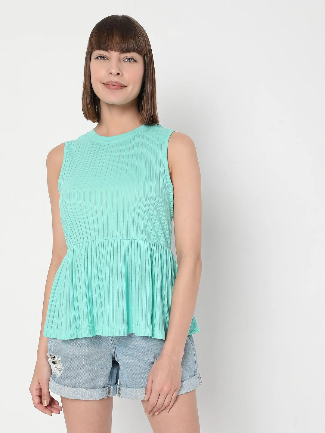 Green Ribbed Peplum Top - Image 2