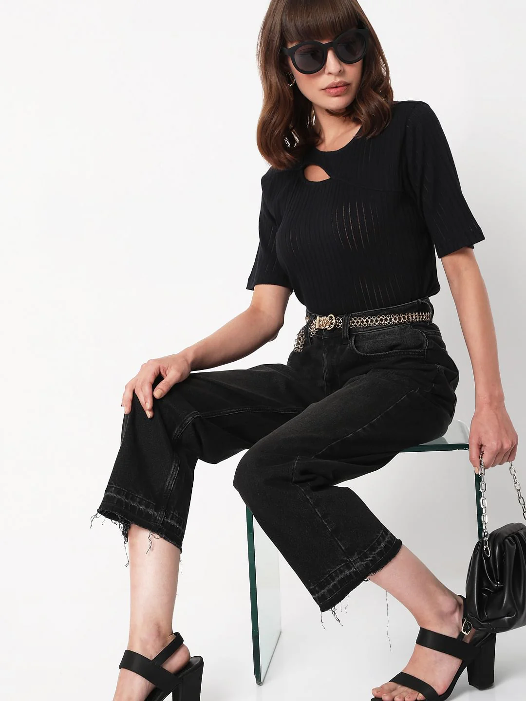 Black Ribbed Cut Out Top