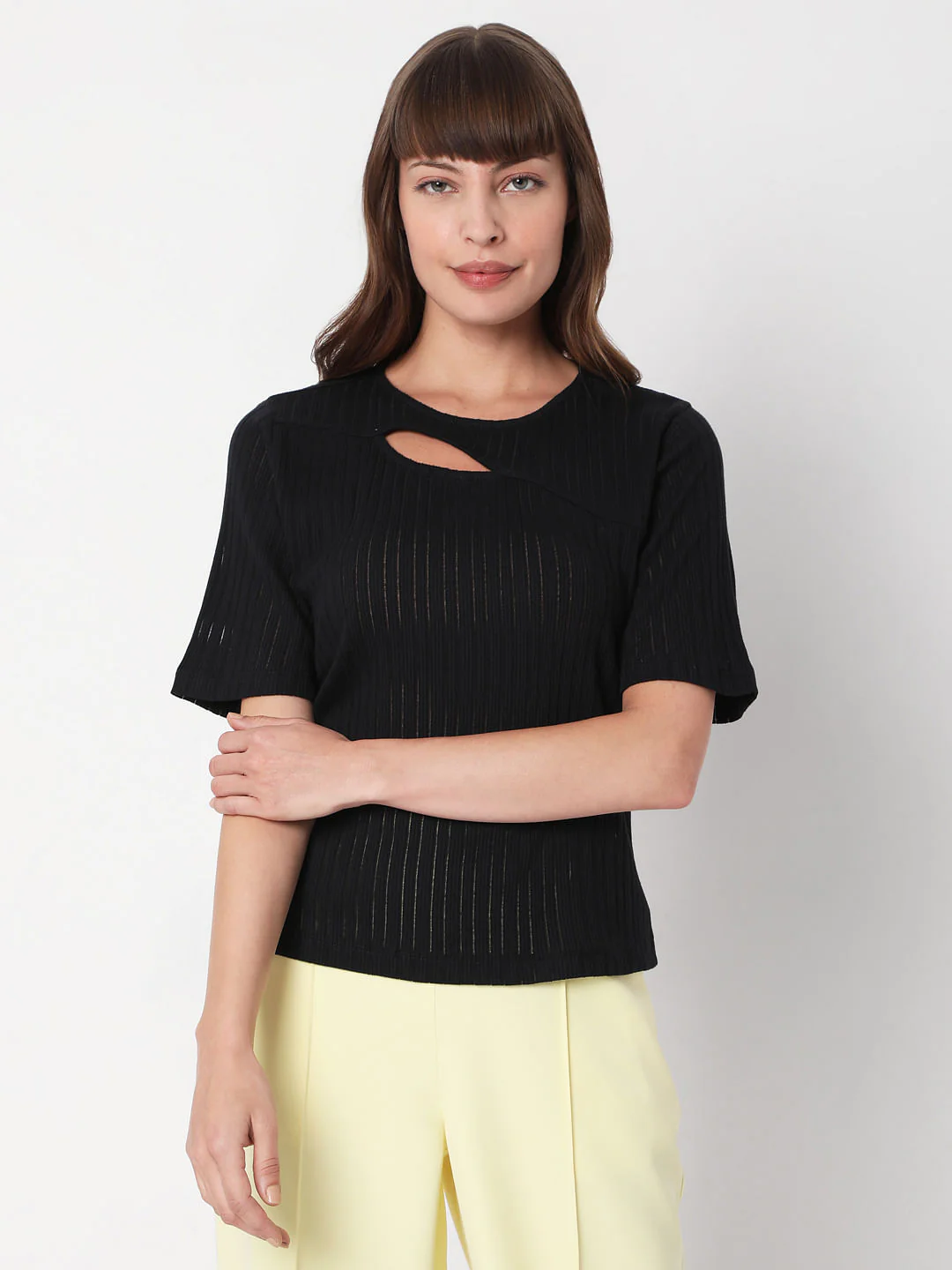 Black Ribbed Cut Out Top - Image 2