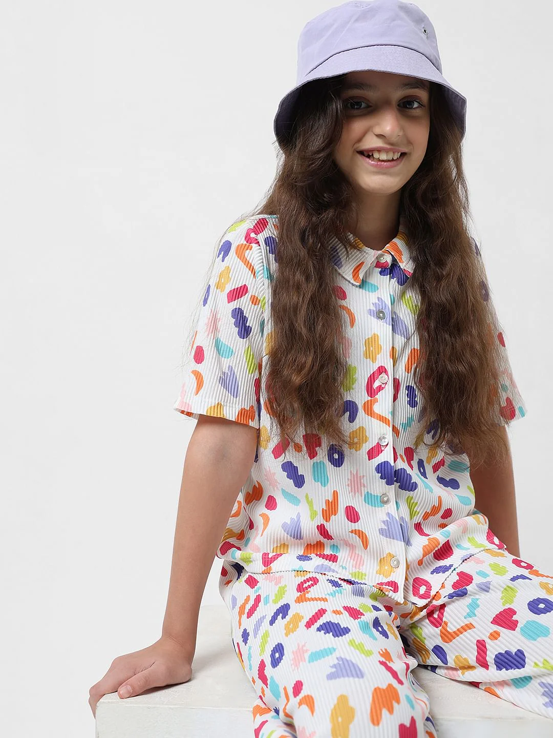 Girl White Pleated Printed Shirt