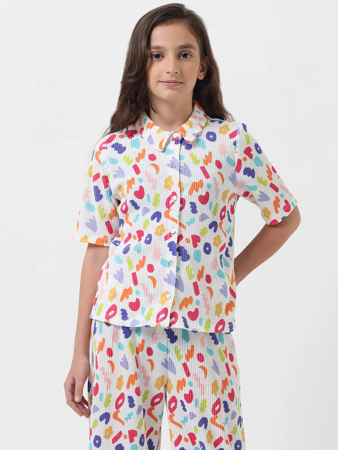 Girl White Pleated Printed Shirt - Image 2