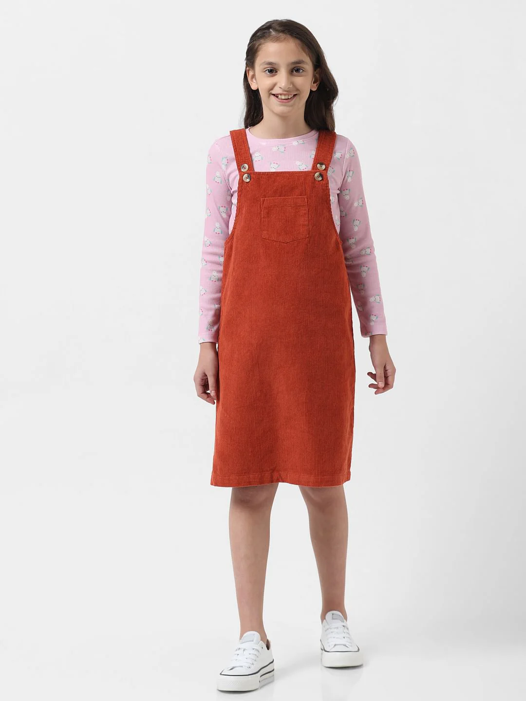 Girl Brick Red Corduroy Dungaree Dress - Image 2