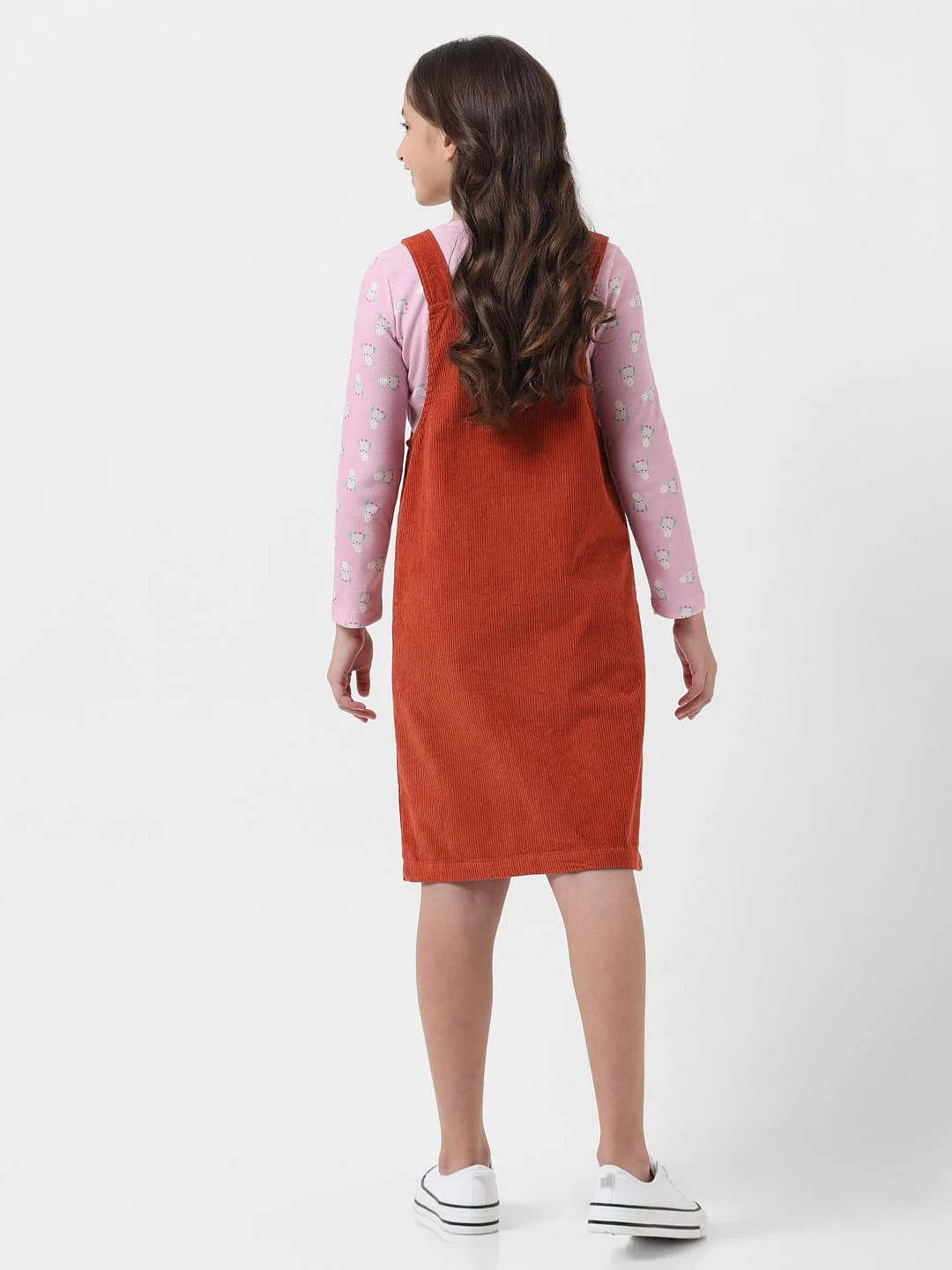 Girl Brick Red Corduroy Dungaree Dress - Image 3