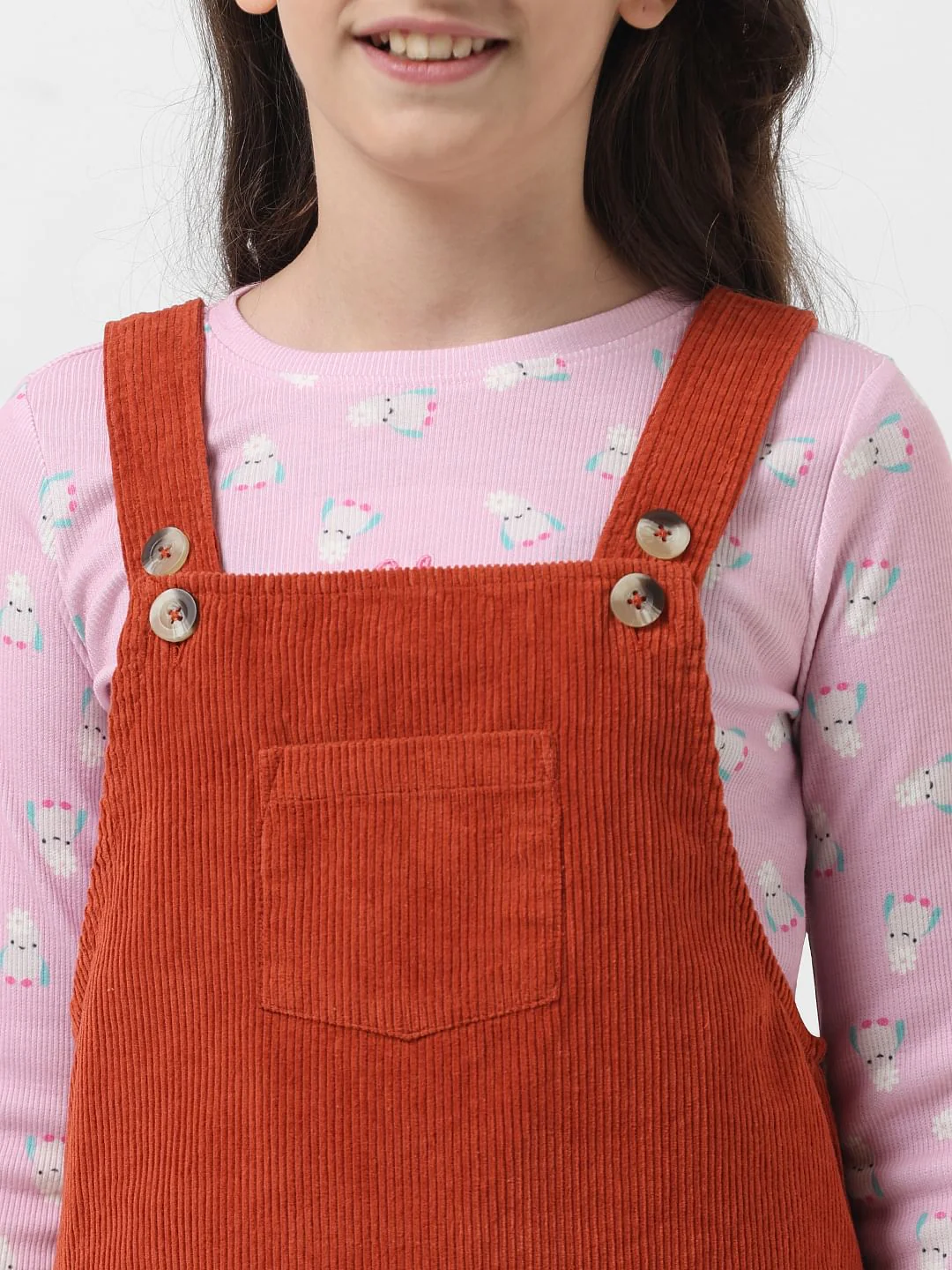 Girl Brick Red Corduroy Dungaree Dress - Image 4