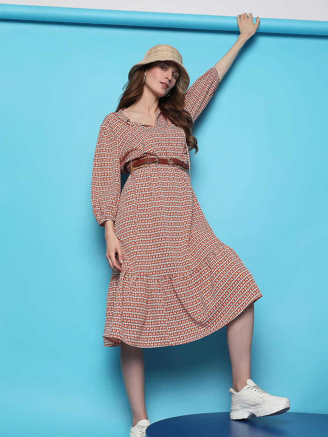 Beige Printed Midi Dress