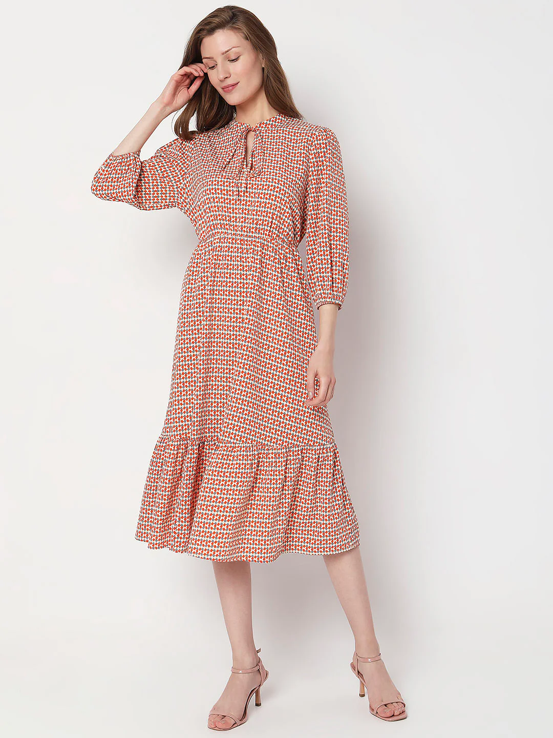 Beige Printed Midi Dress - Image 2