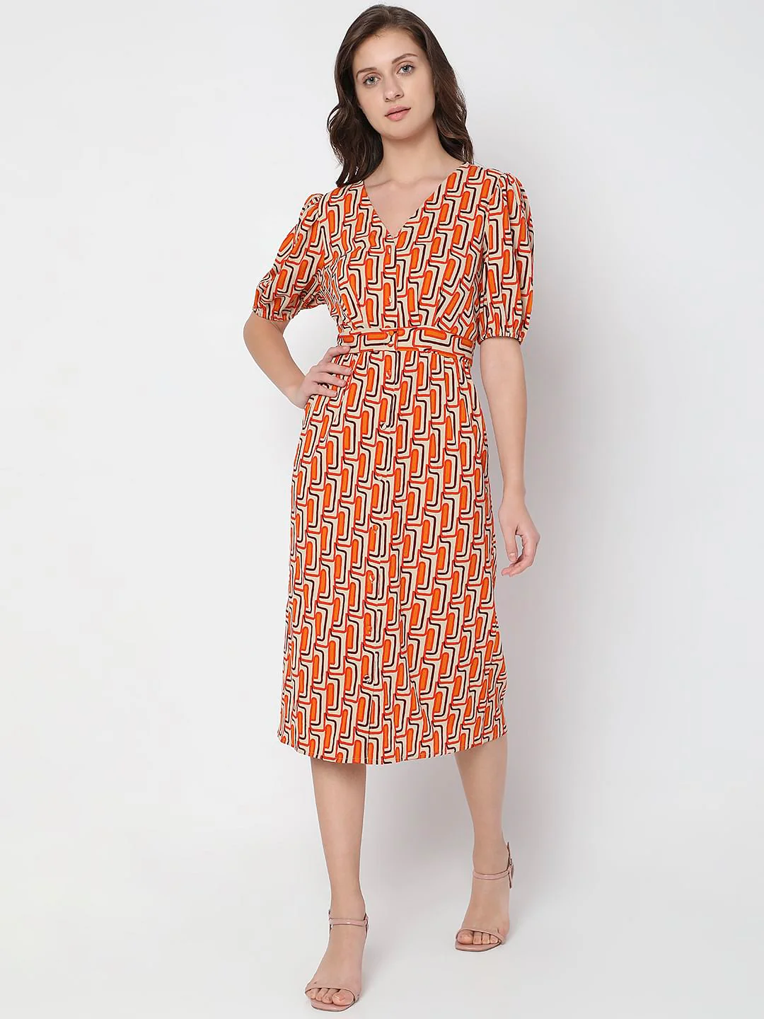 Orange Printed Midi Dress - Image 2