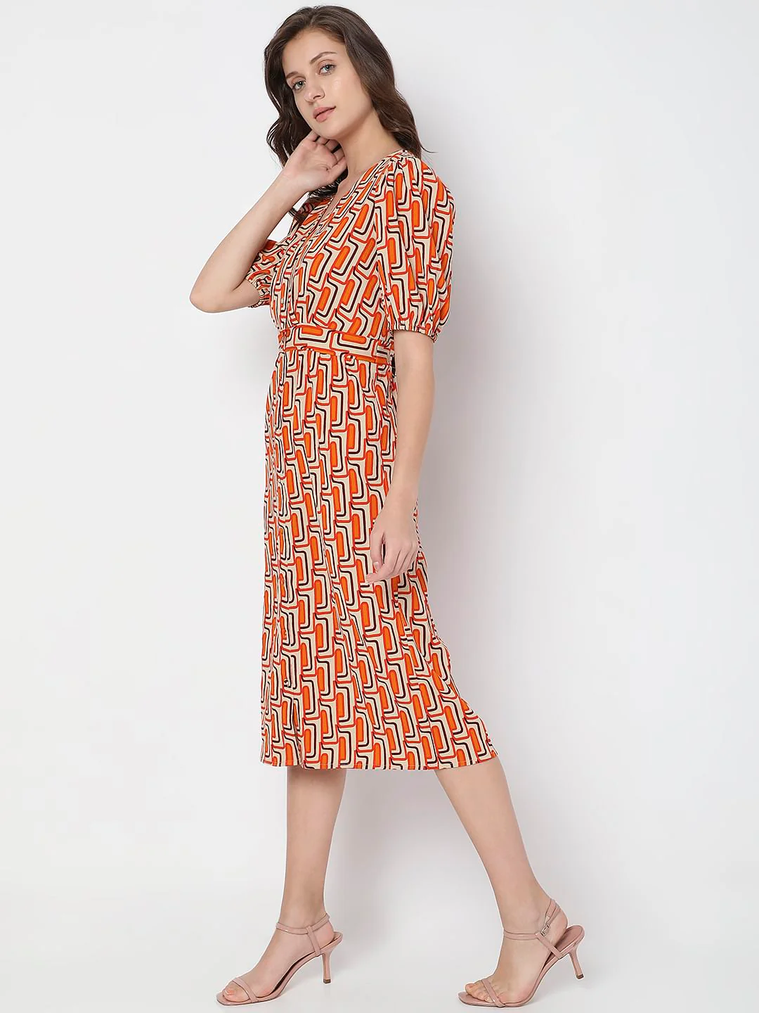 Orange Printed Midi Dress - Image 3