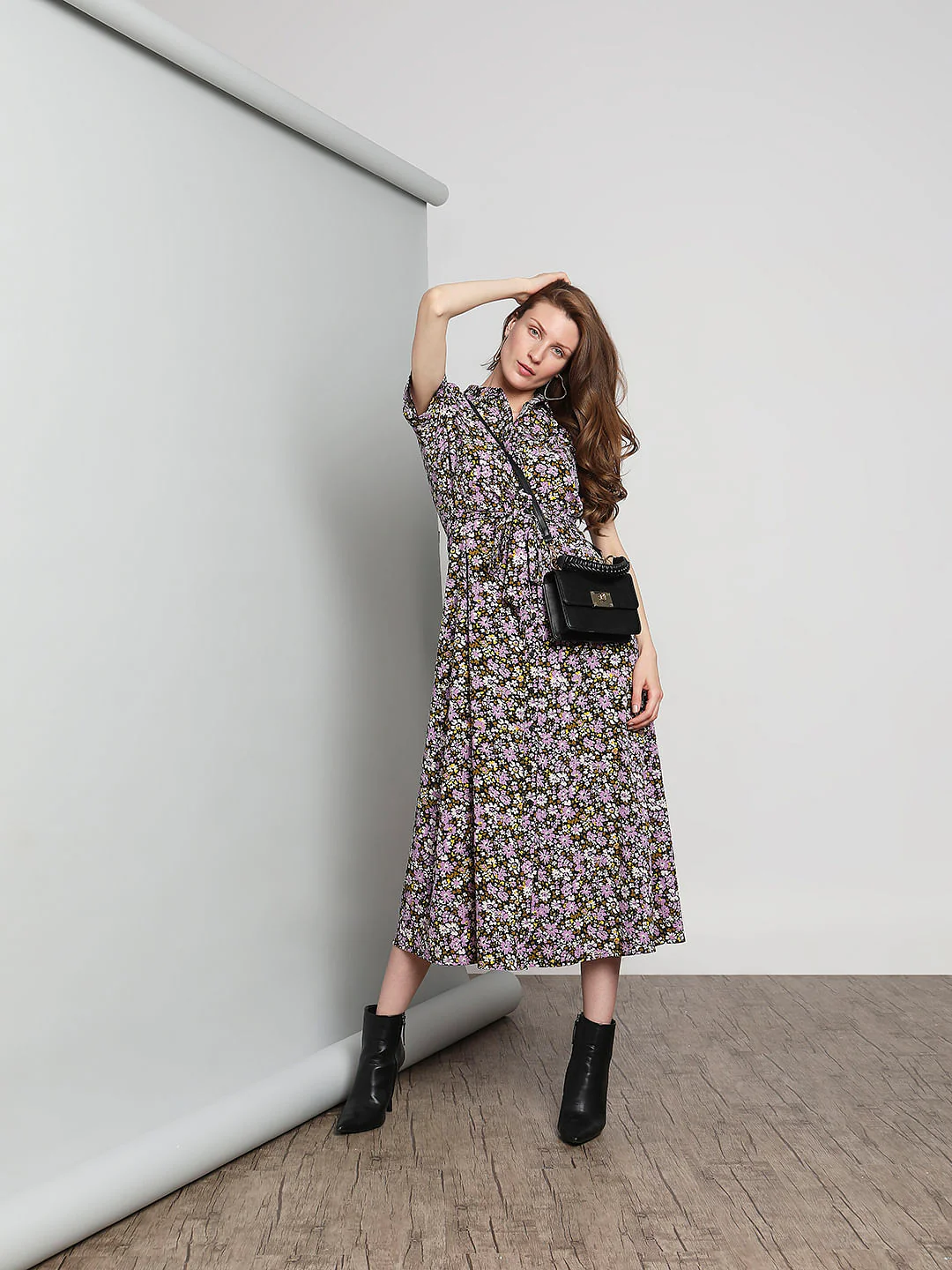 Purple Floral Print Shirt Dress