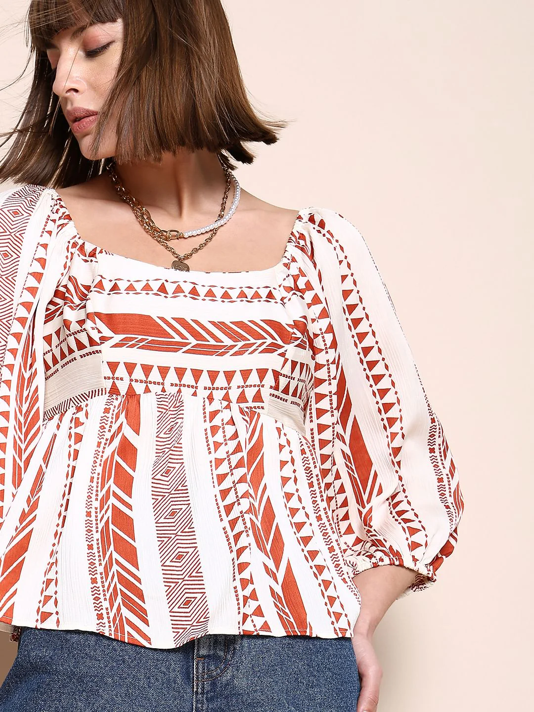 Orange Aztec Print Satin Peplum Top