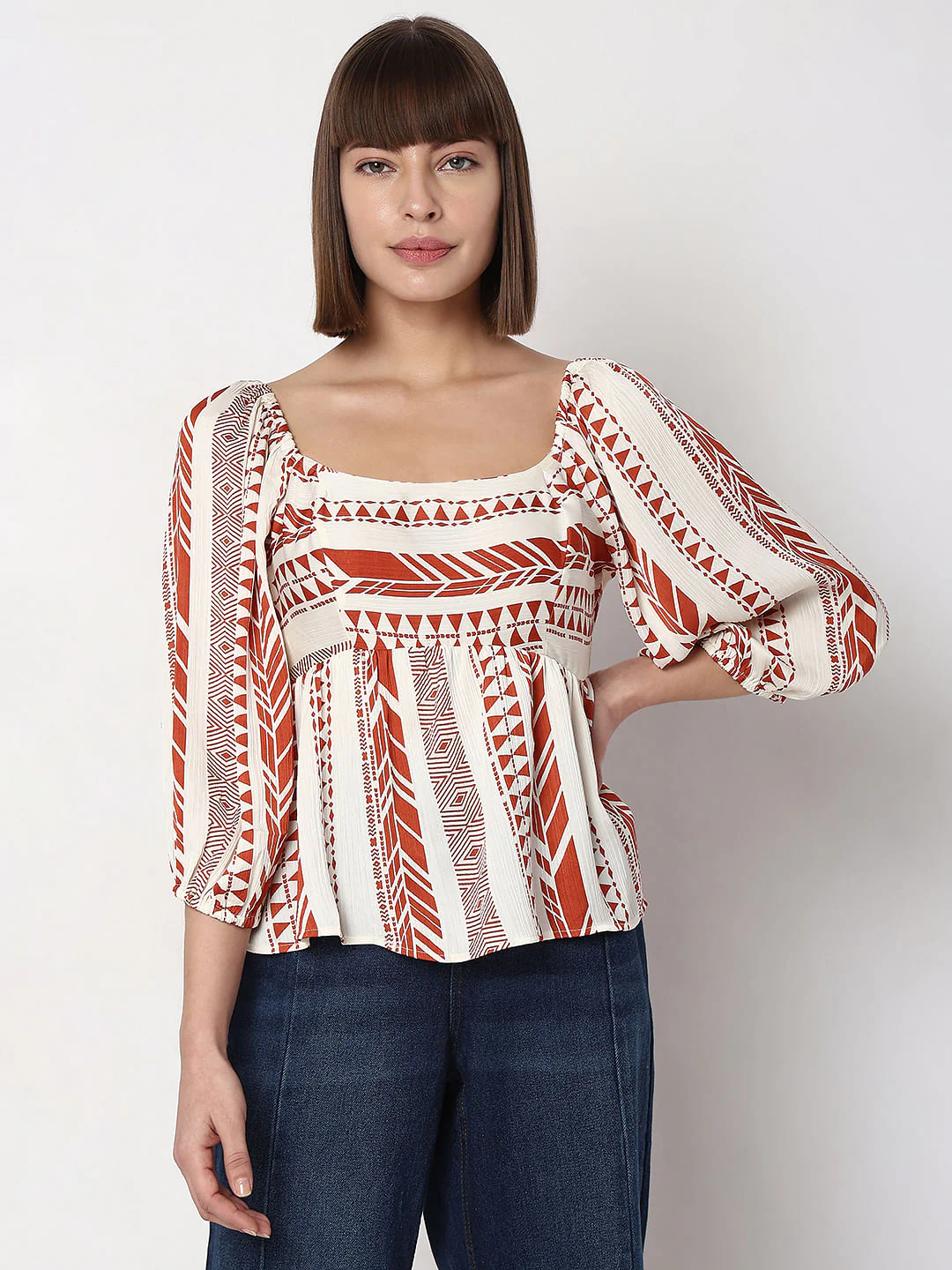 Orange Aztec Print Satin Peplum Top - Image 2