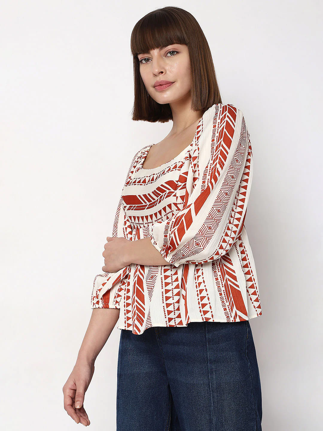 Orange Aztec Print Satin Peplum Top - Image 3