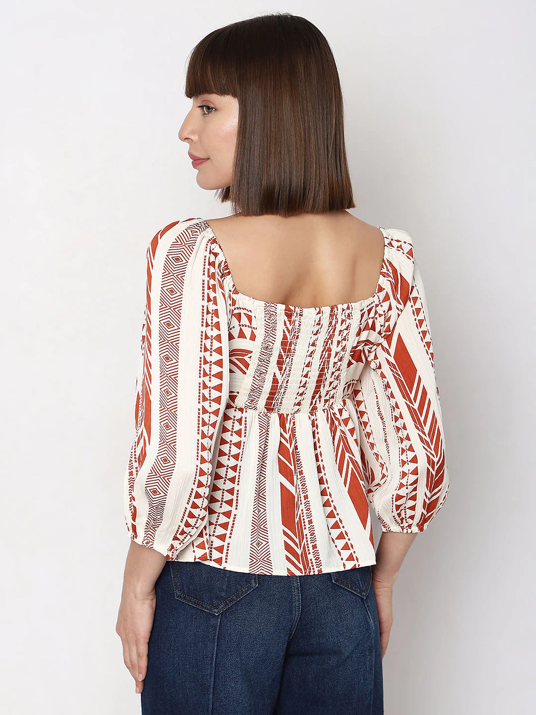 Orange Aztec Print Satin Peplum Top - Image 4