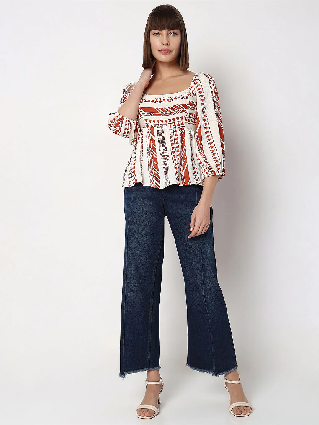 Orange Aztec Print Satin Peplum Top - Image 5