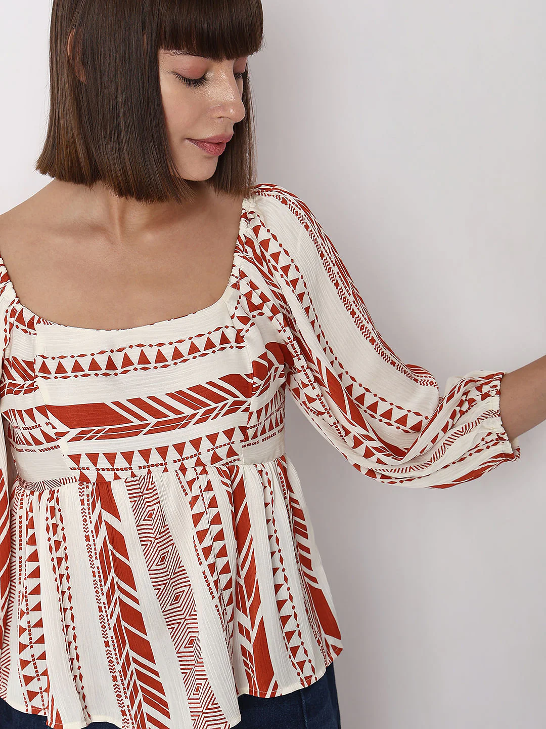 Orange Aztec Print Satin Peplum Top - Image 6