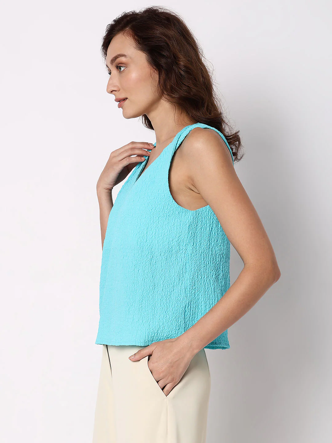 Blue Textured Sleeveless Top - Image 3