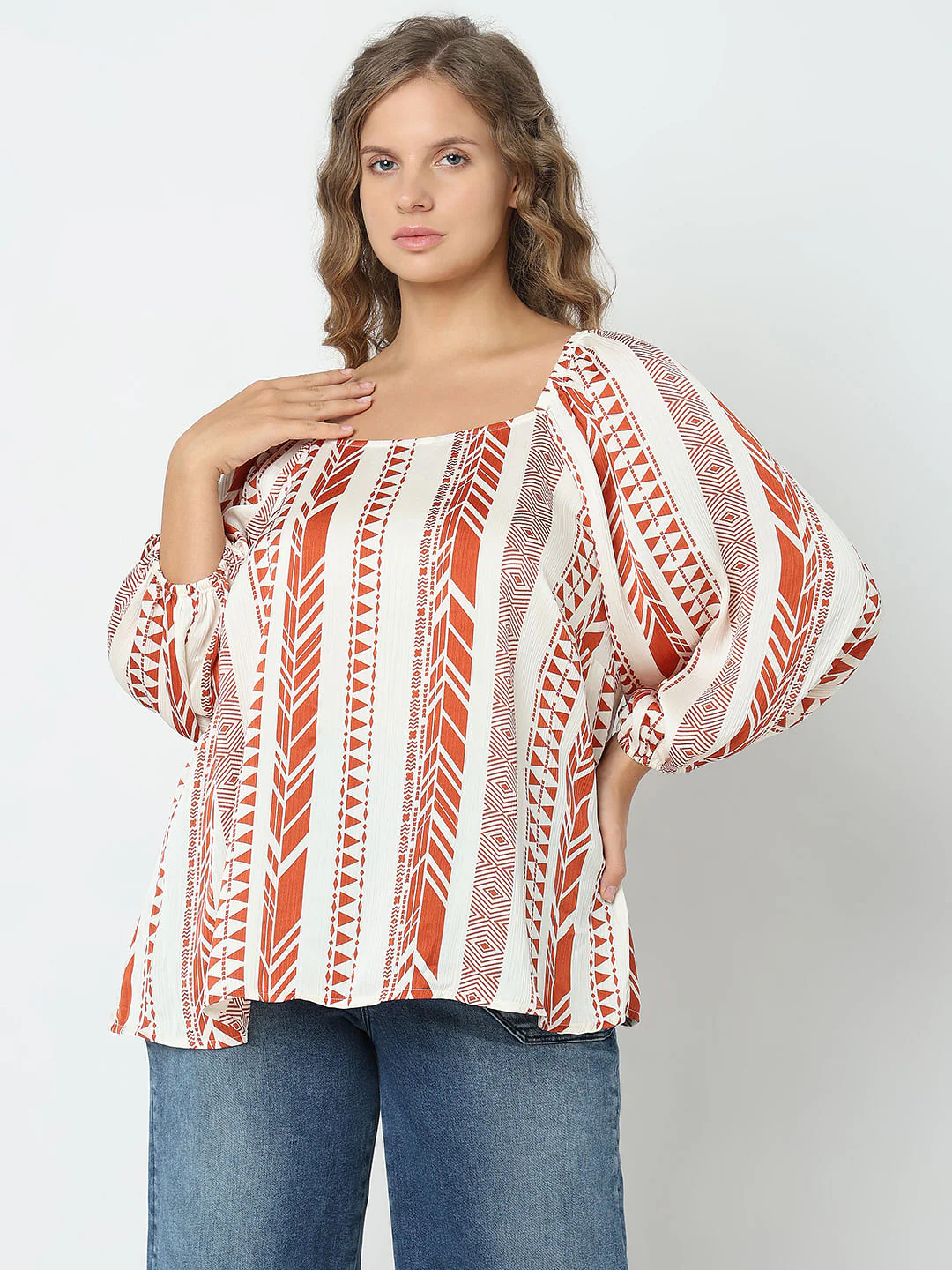 Curve Red Geometric Print Top - Image 2