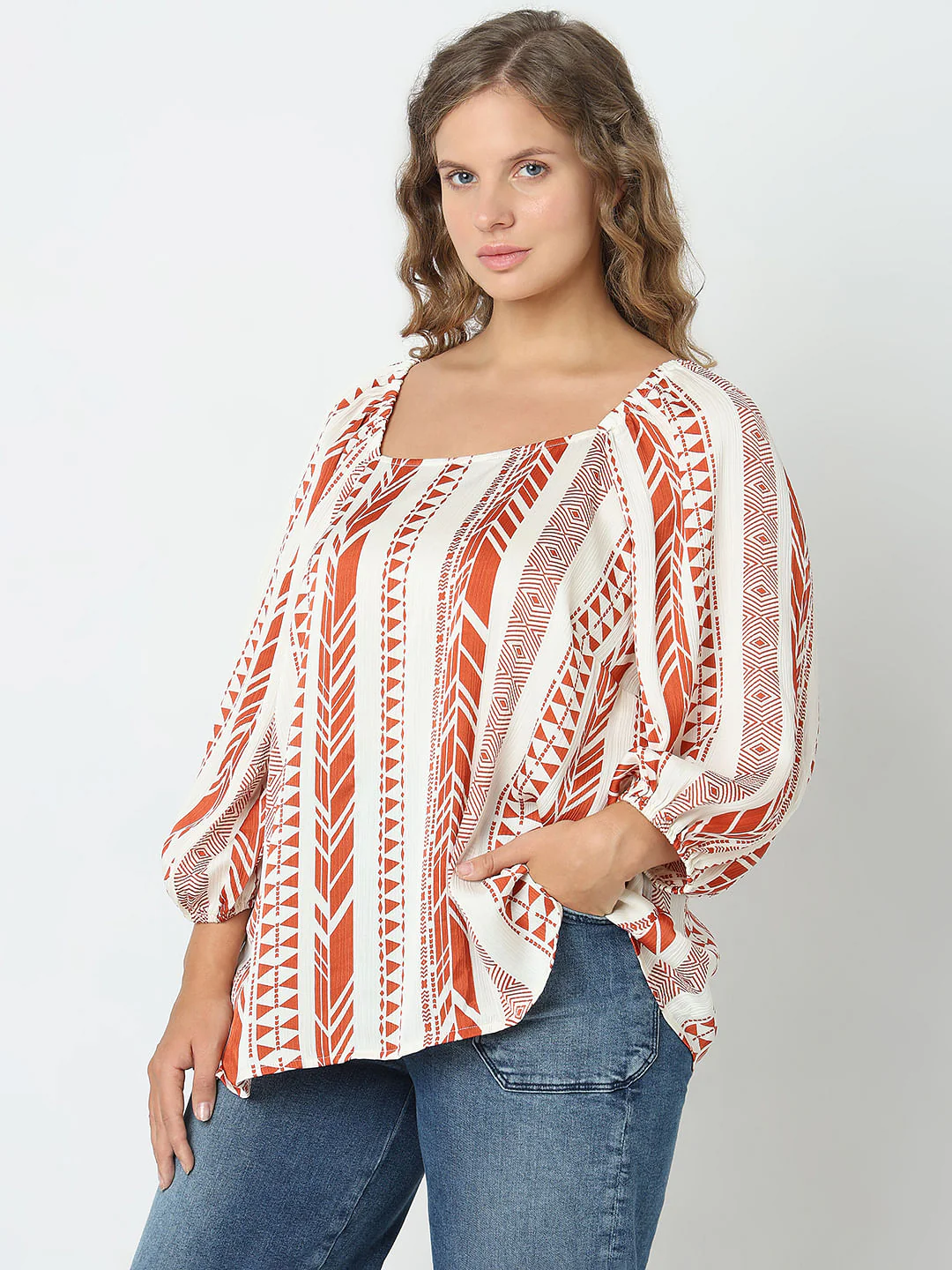 Curve Red Geometric Print Top - Image 3
