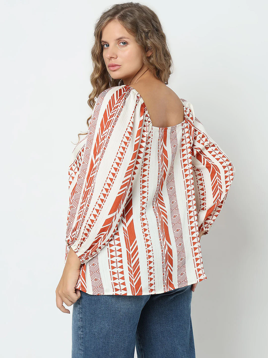 Curve Red Geometric Print Top - Image 4