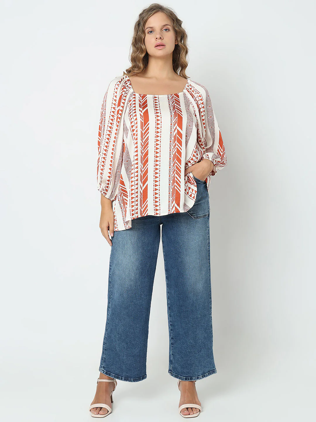 Curve Red Geometric Print Top - Image 5