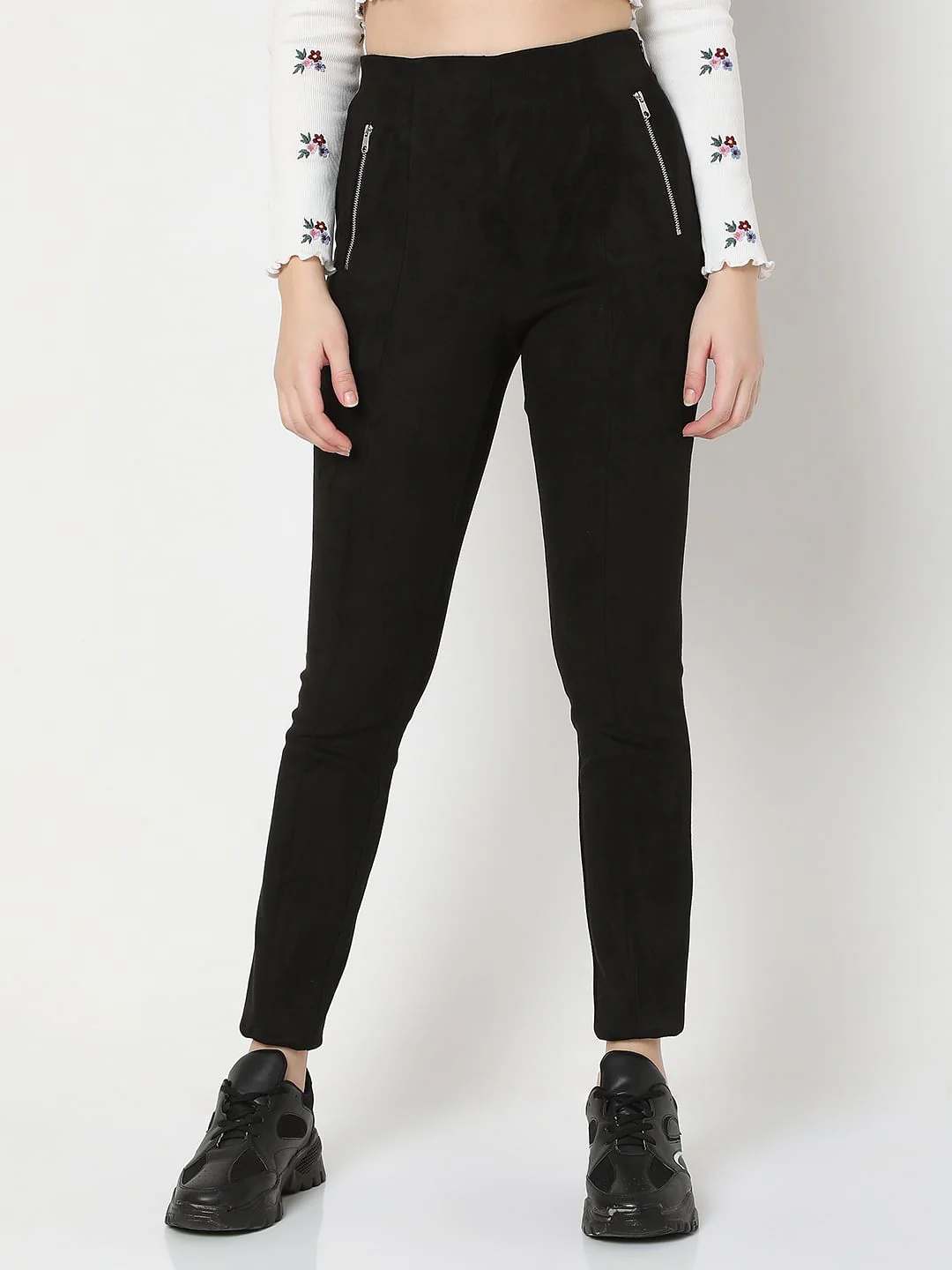 Black High Rise Suede Skinny Leggings - Image 2