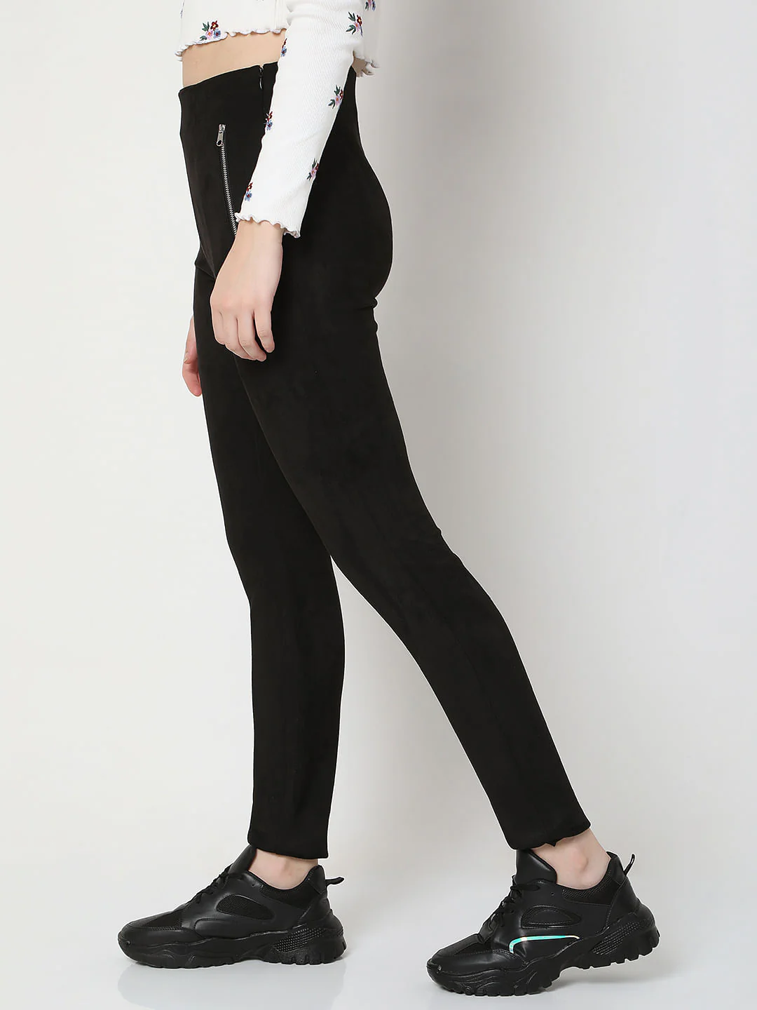 Black High Rise Suede Skinny Leggings - Image 3