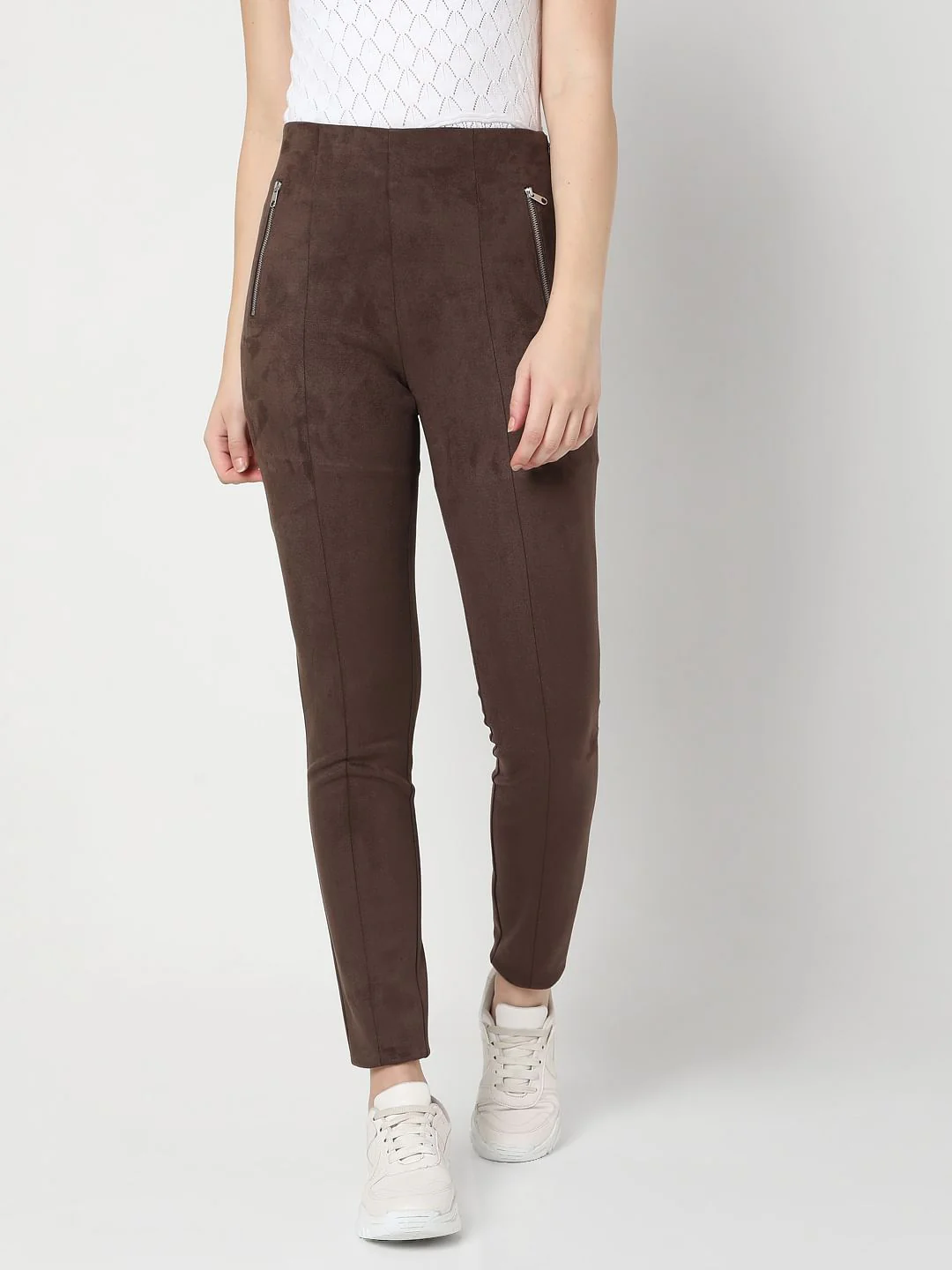 Brown High Rise Suede Skinny Leggings - Image 2