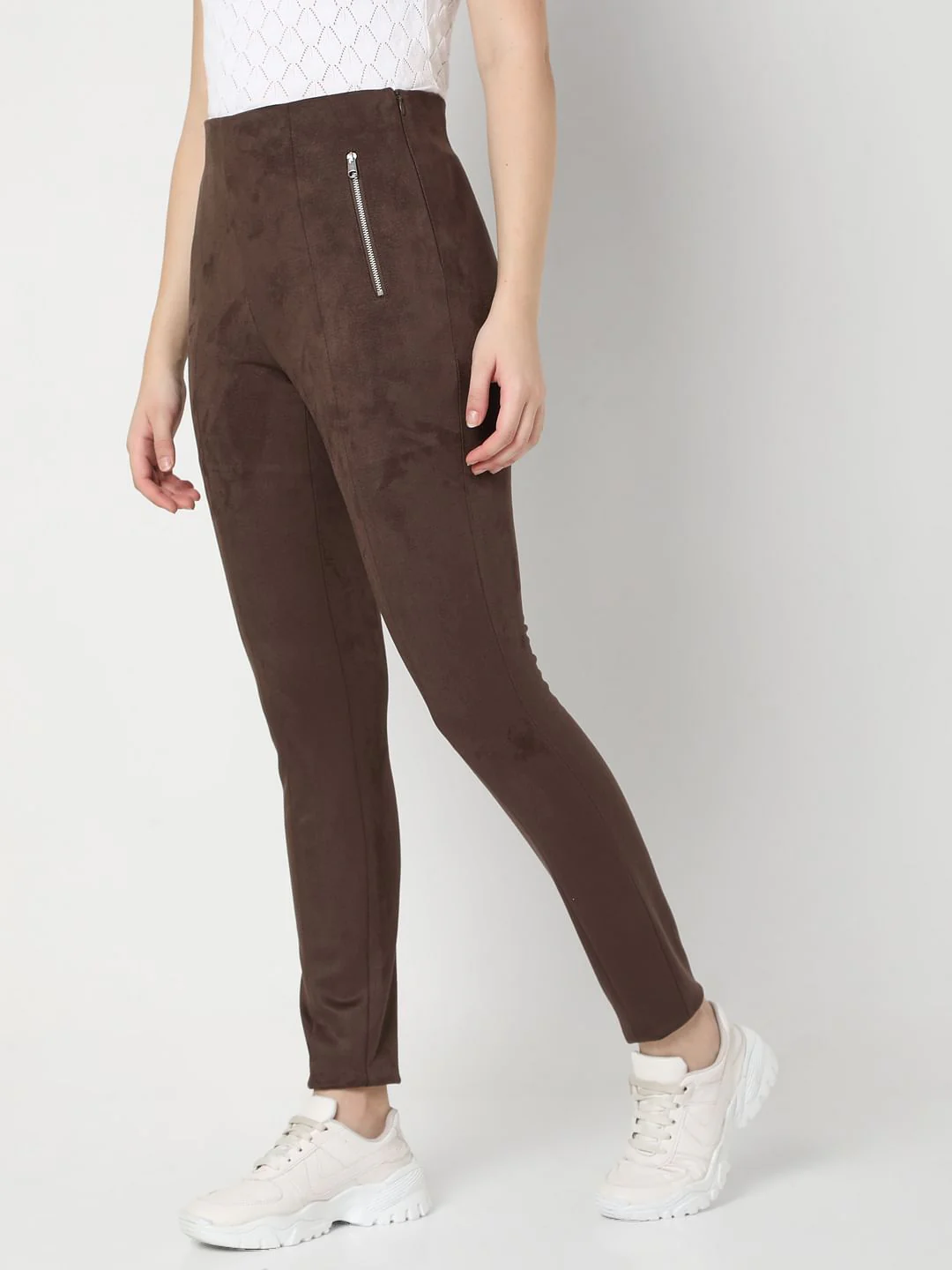 Brown High Rise Suede Skinny Leggings - Image 3