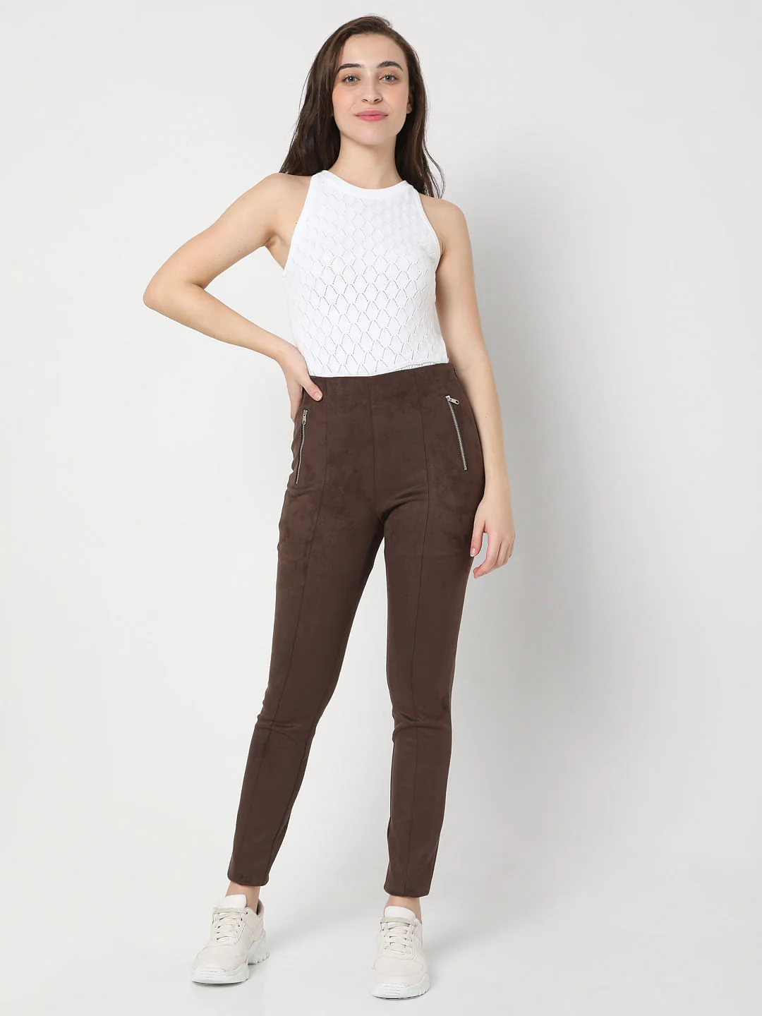 Brown High Rise Suede Skinny Leggings - Image 6