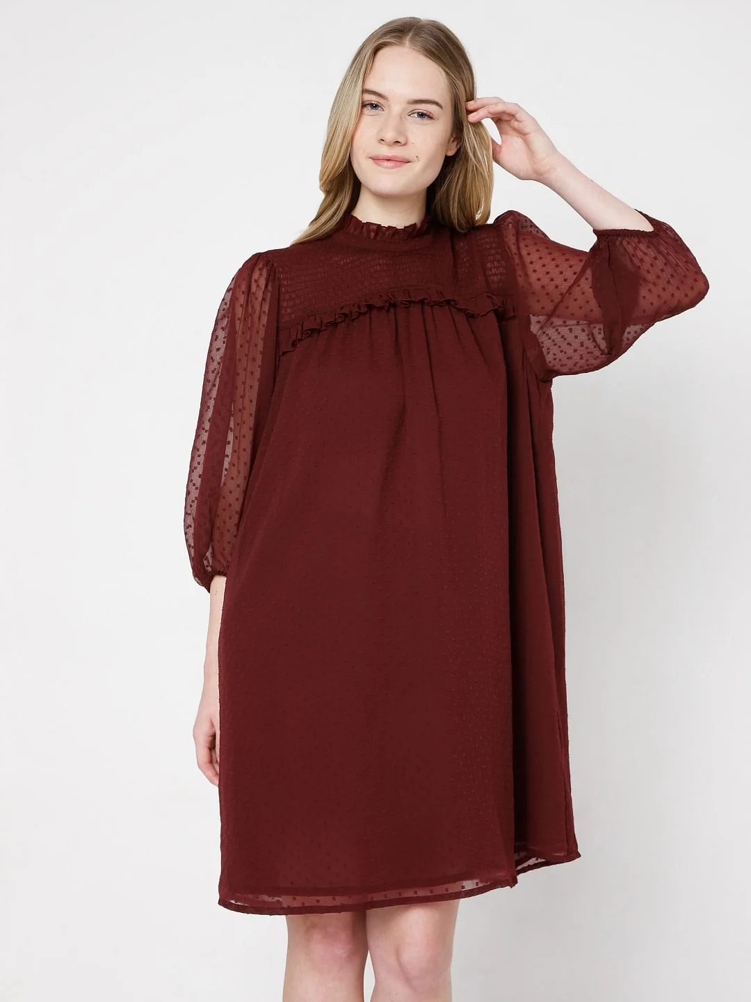 Maroon Shift Dobby Dress - Image 2