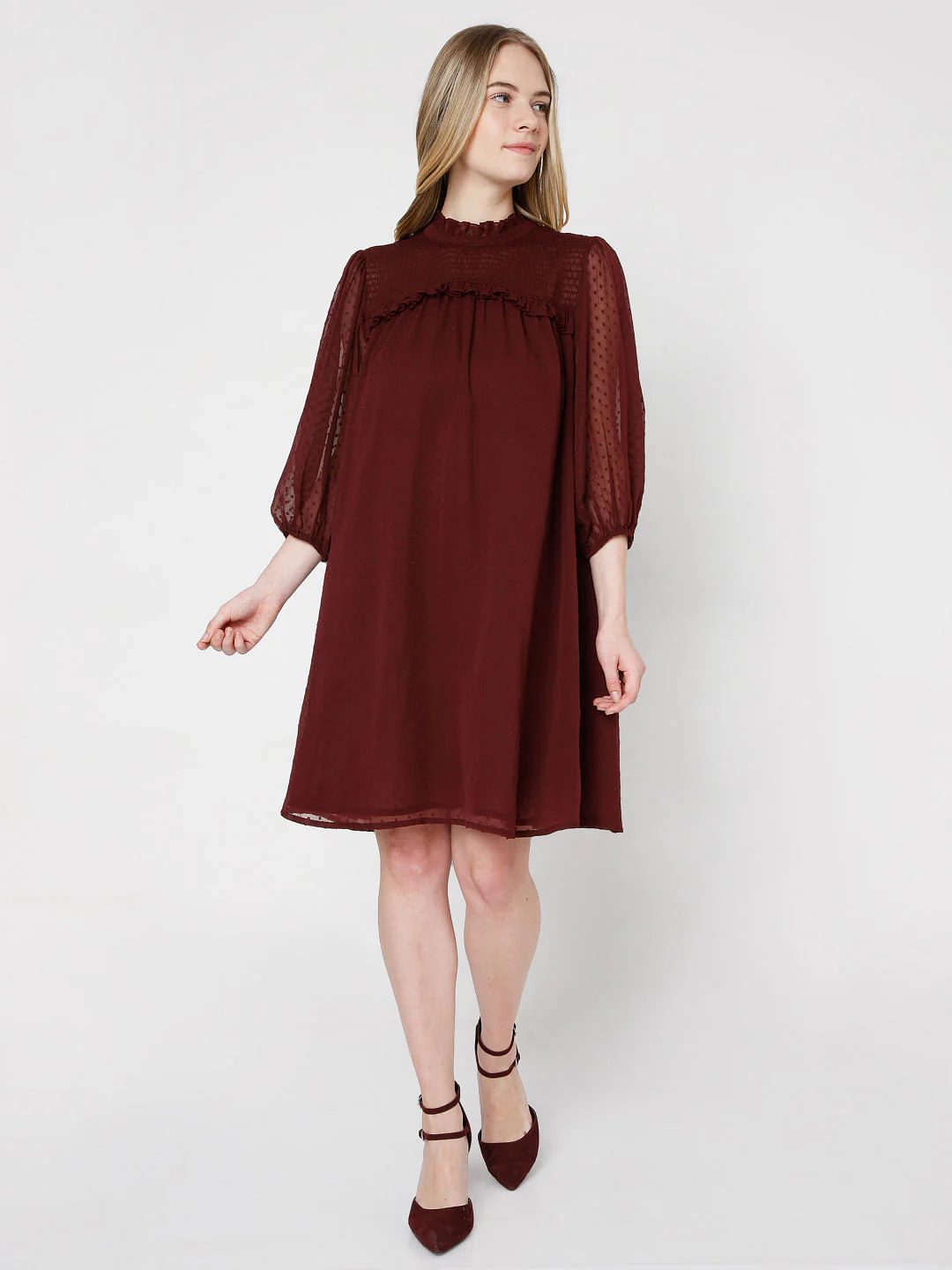 Maroon Shift Dobby Dress - Image 5
