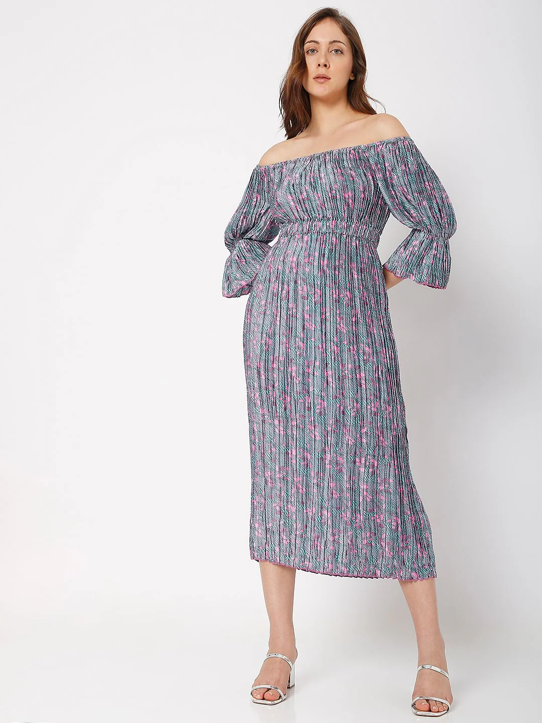 Pink Floral Off-Shoulder Satin Dress - Image 2