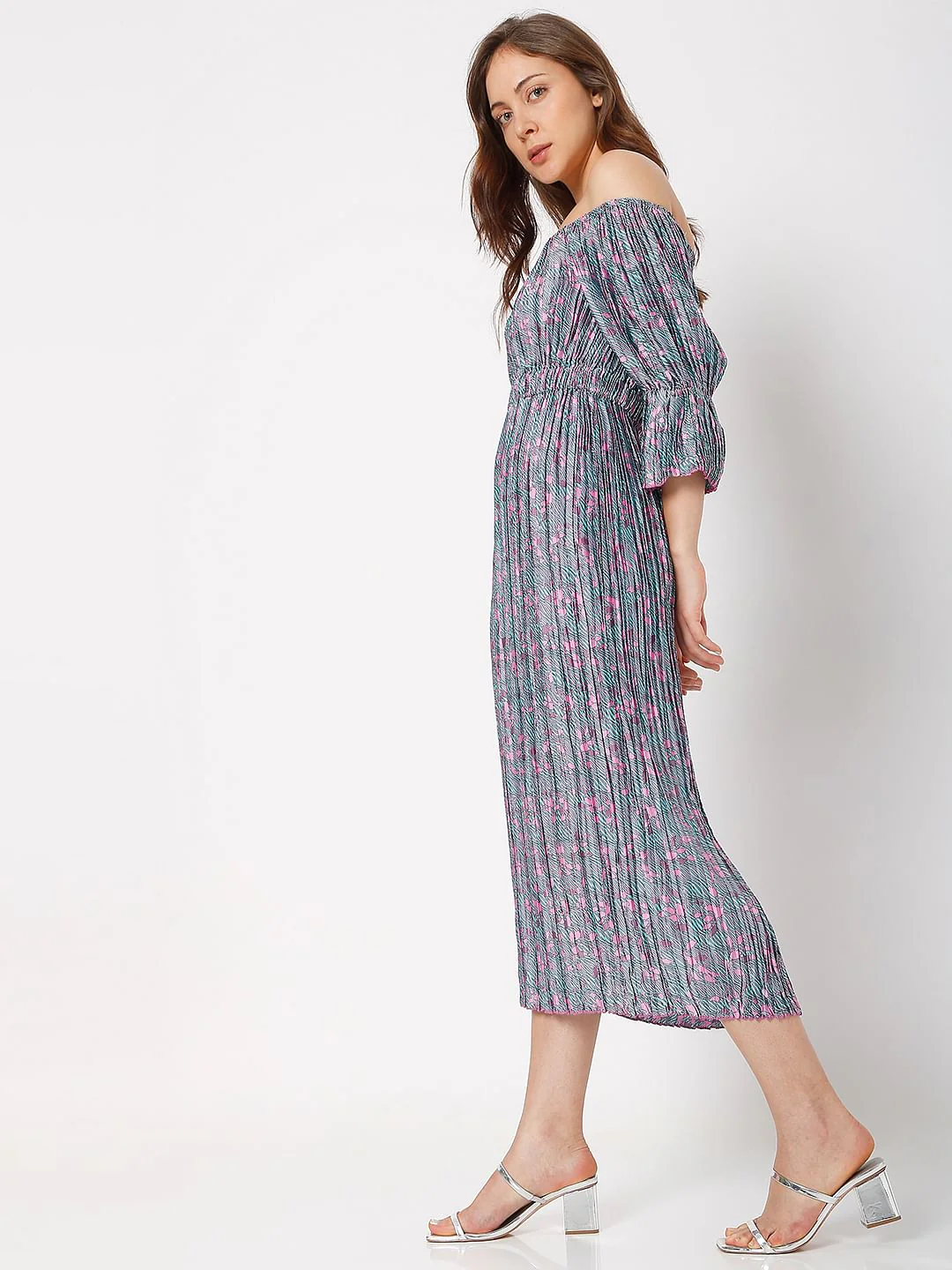 Pink Floral Off-Shoulder Satin Dress - Image 3