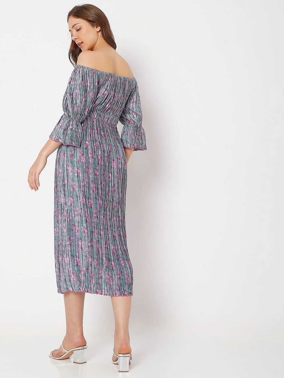 Pink Floral Off-Shoulder Satin Dress - Image 4