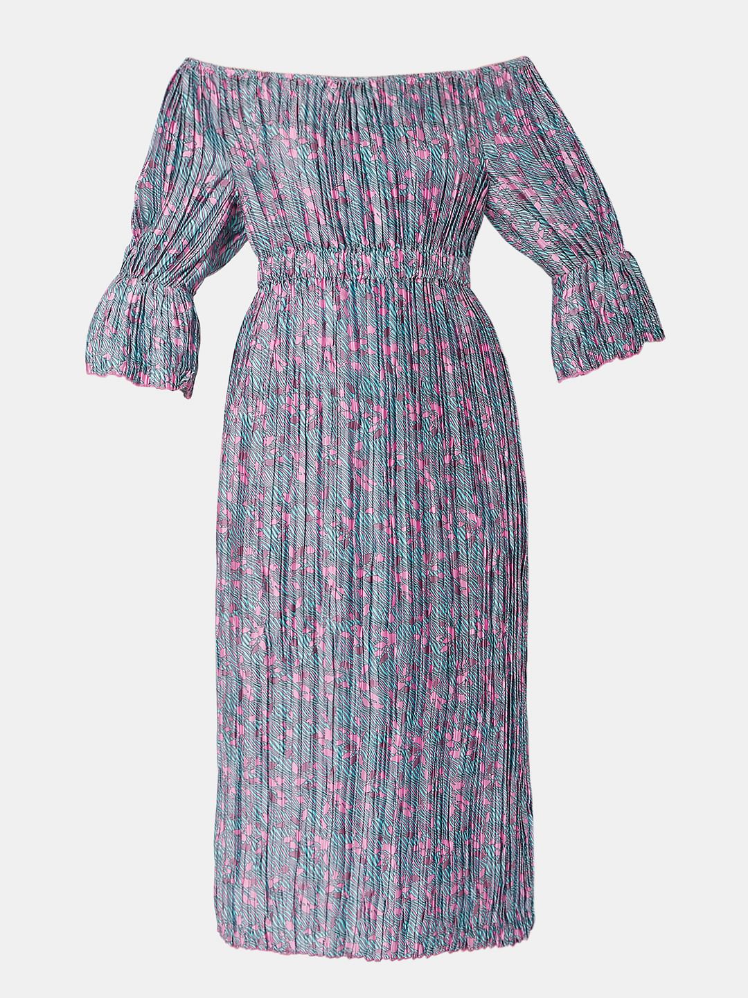 Pink Floral Off-Shoulder Satin Dress - Image 6