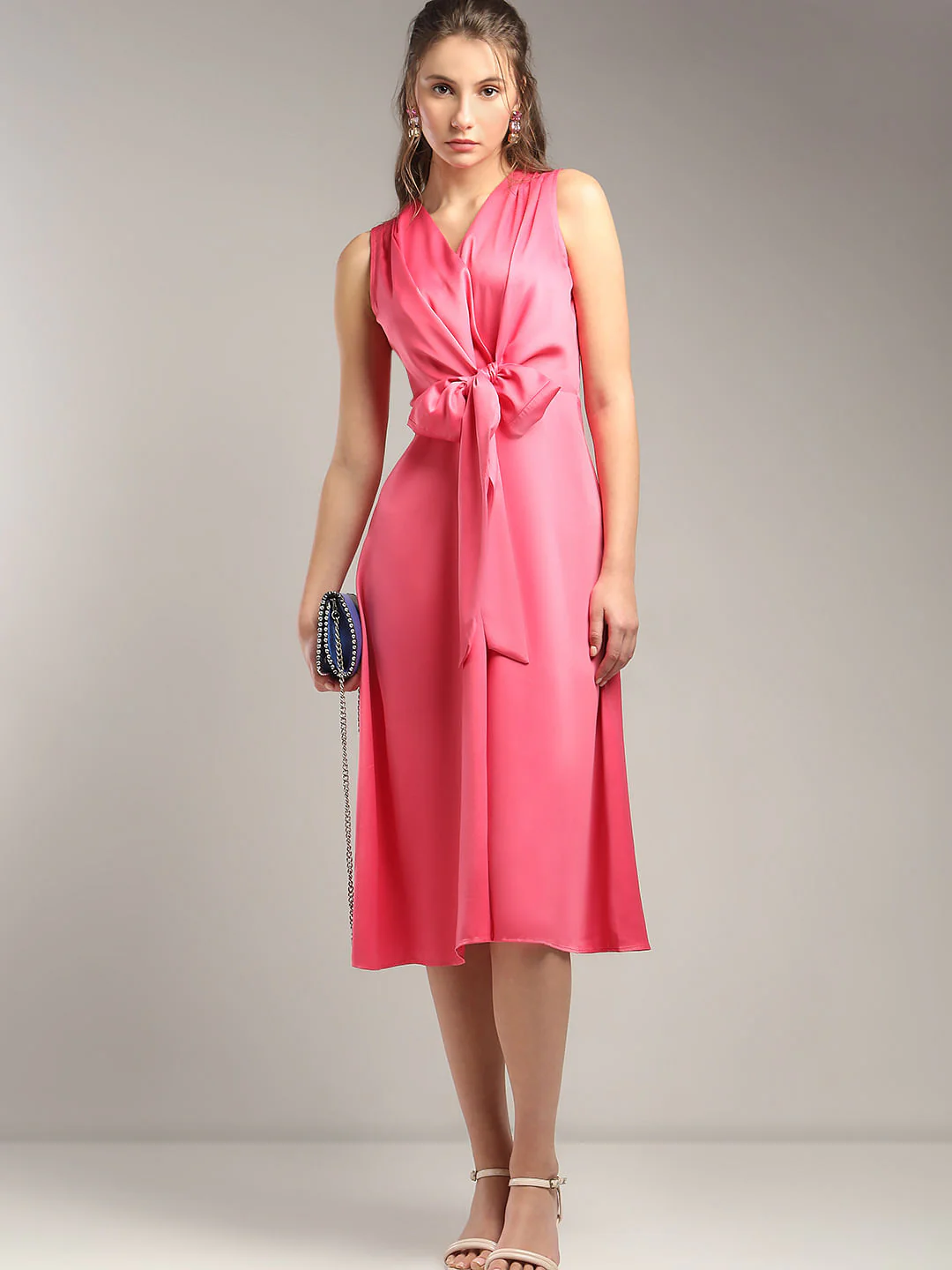 Pink Mock Tie-Up Midi Dress