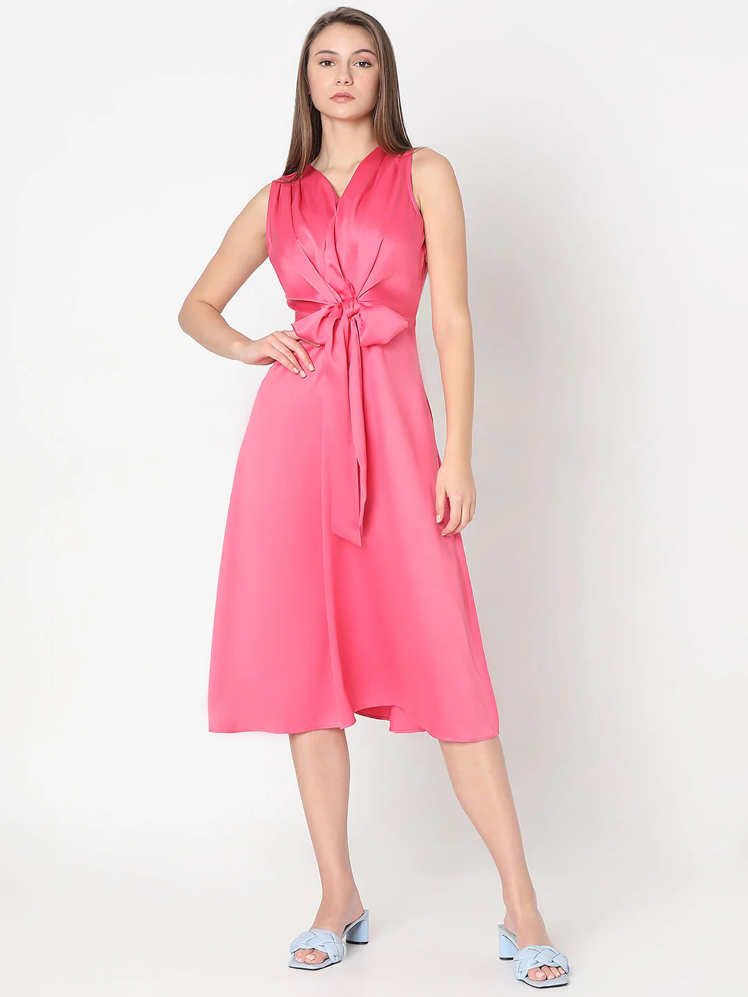 Pink Mock Tie-Up Midi Dress - Image 2