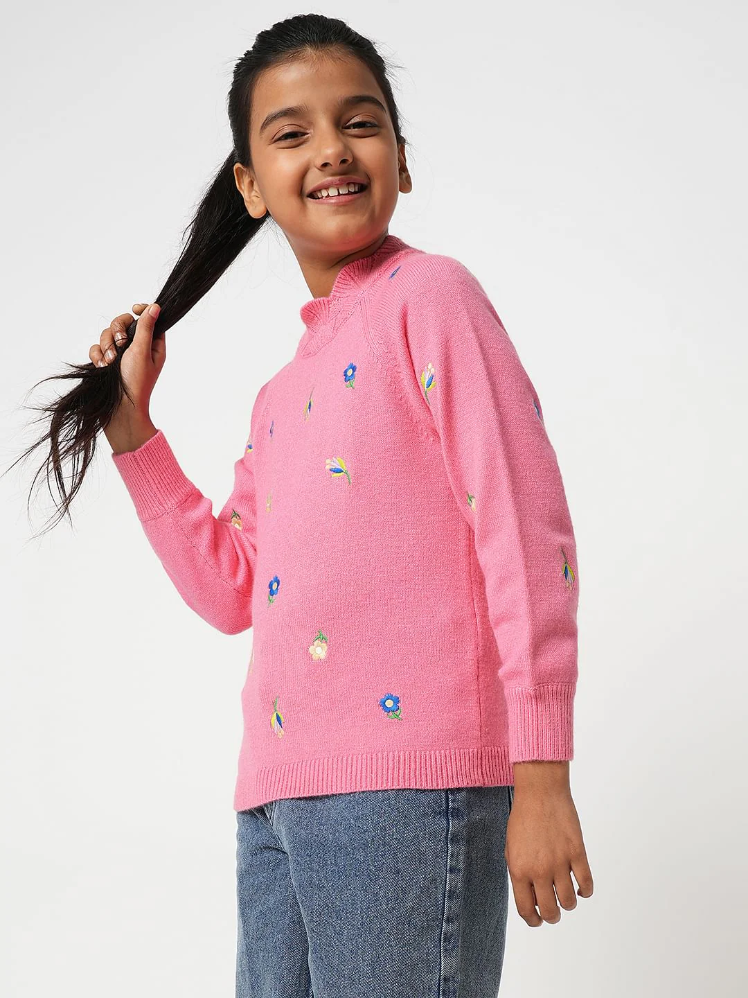 Girl Pink Embroidered Sweater - Image 3