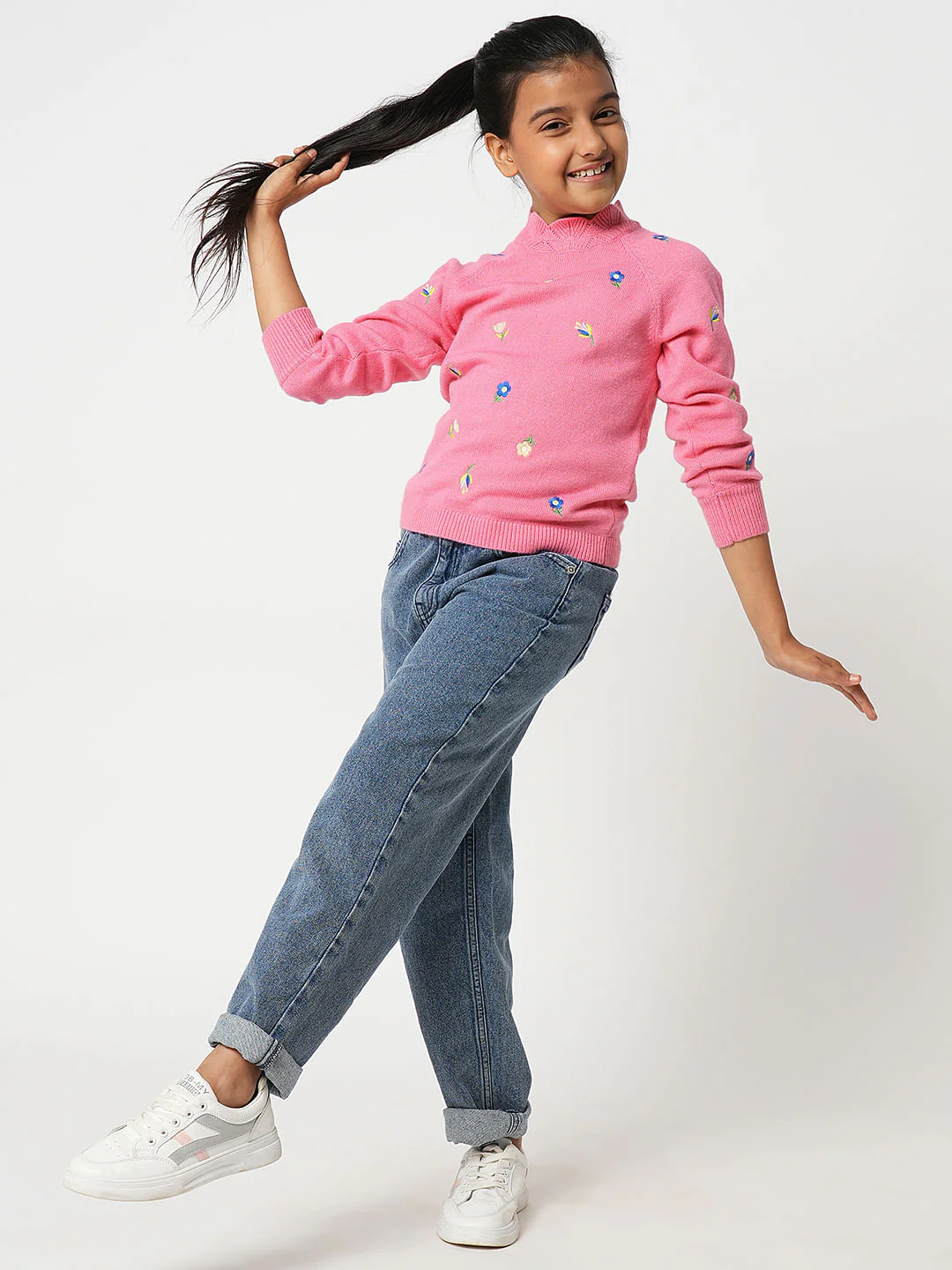 Girl Pink Embroidered Sweater - Image 4