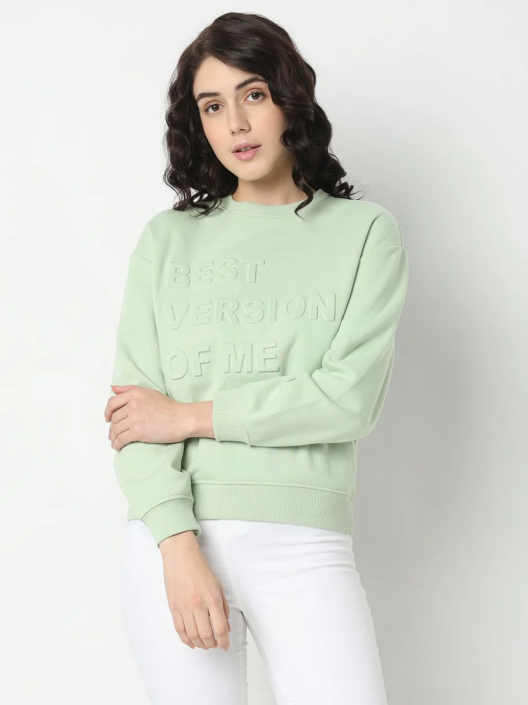 Light Green Embossed Text Sweatshirt - Image 2