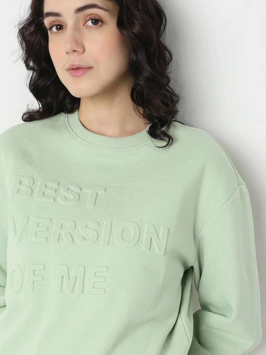 Light Green Embossed Text Sweatshirt - Image 6