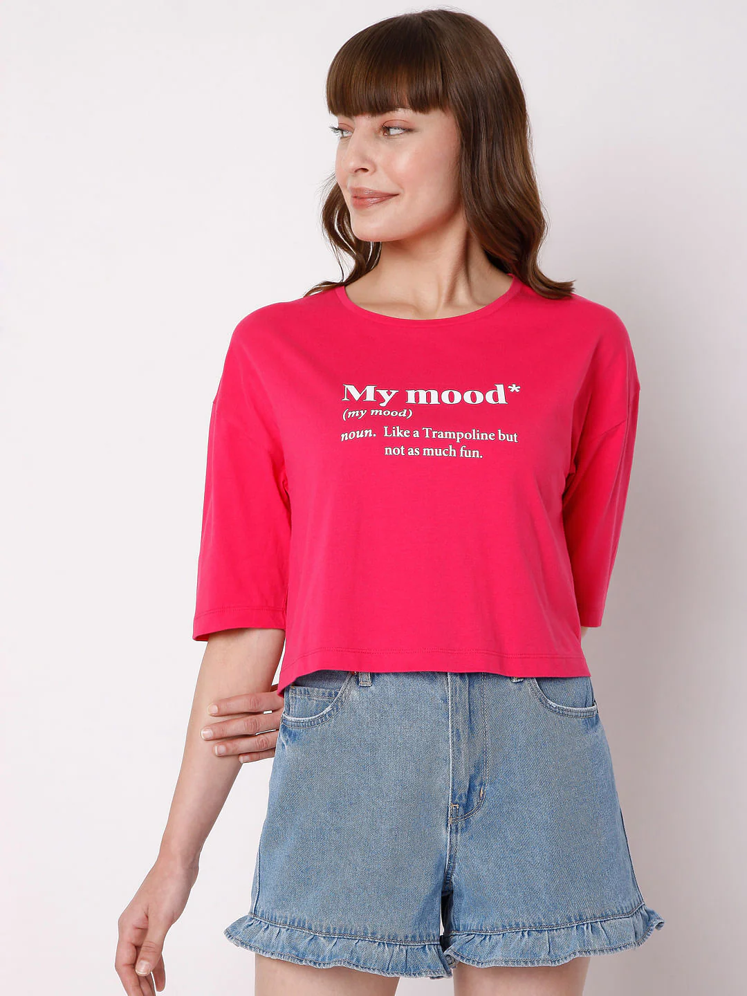 Fuchsia Slogan Print Cropped T-Shirt - Image 2
