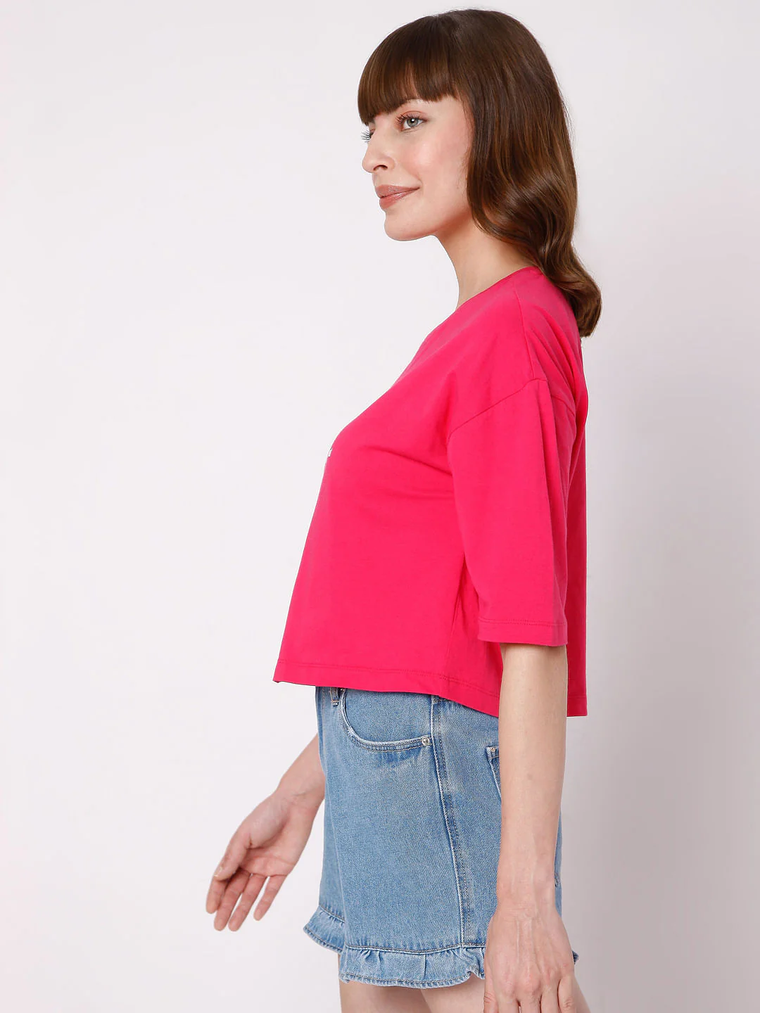 Fuchsia Slogan Print Cropped T-Shirt - Image 3