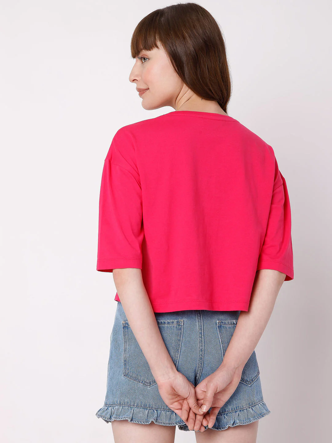 Fuchsia Slogan Print Cropped T-Shirt - Image 4
