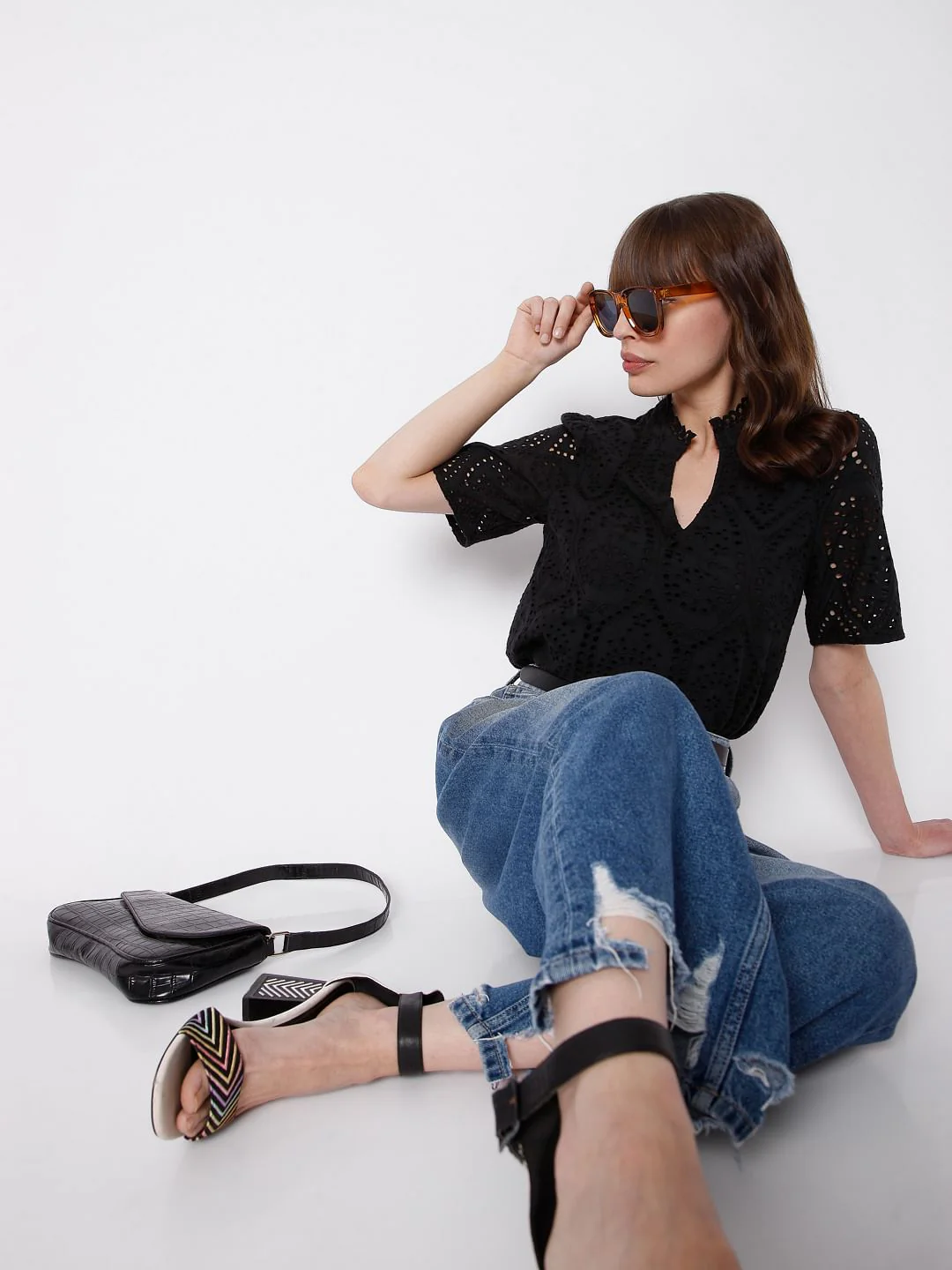 Black Schiffli Embroidered Top