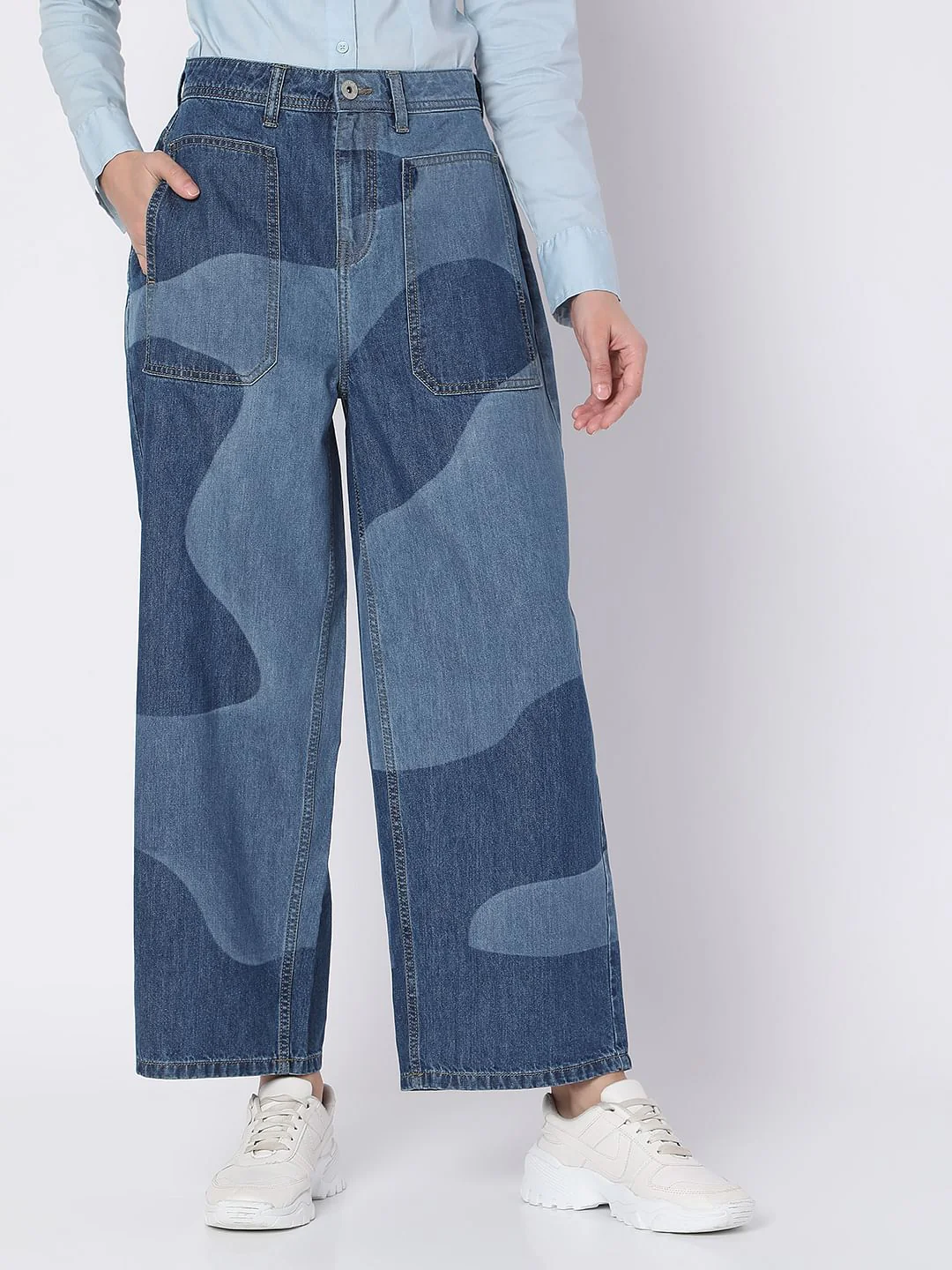 Blue High Rise Printed Wide Leg Jeans - Image 2