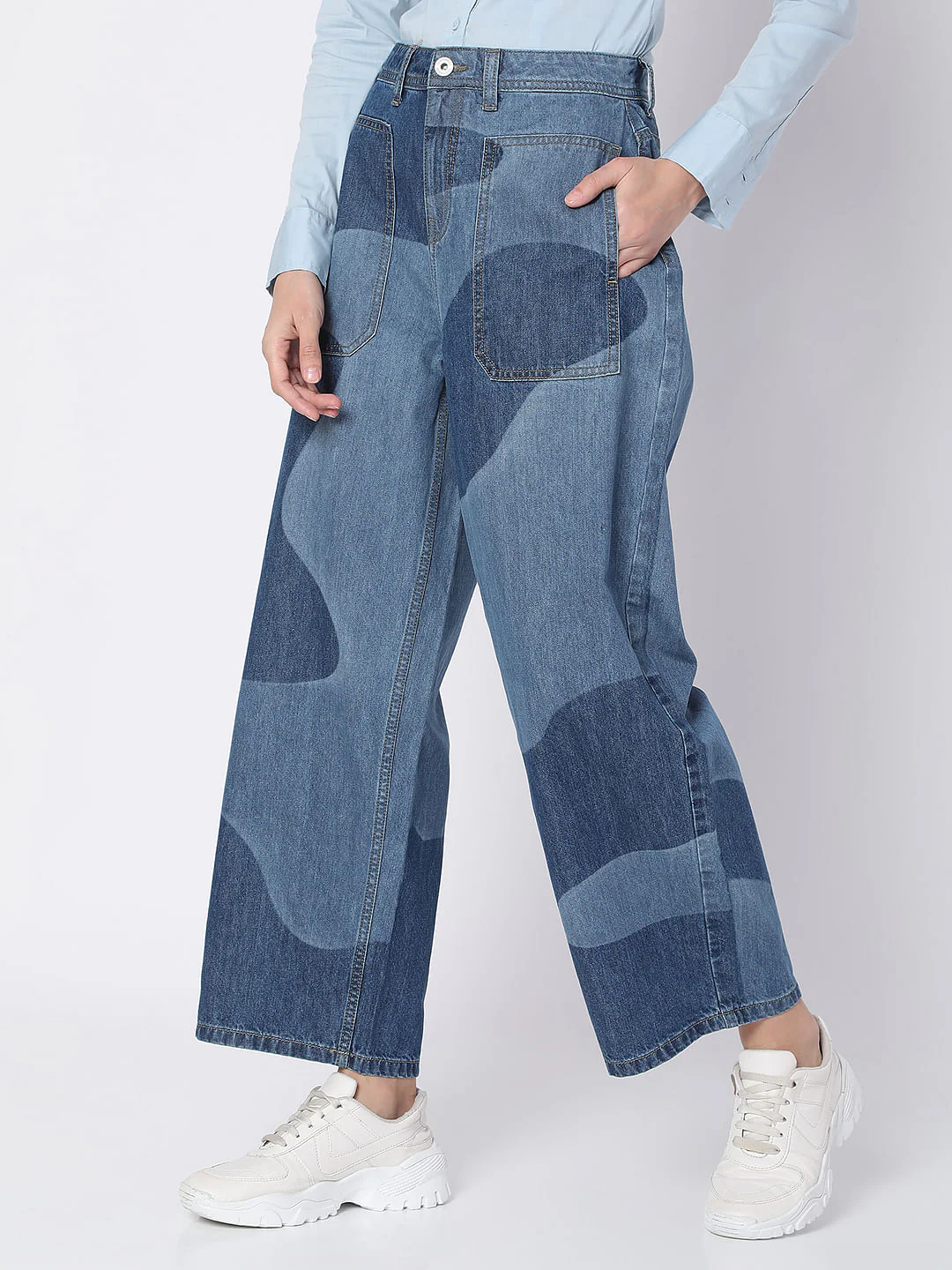 Blue High Rise Printed Wide Leg Jeans - Image 3